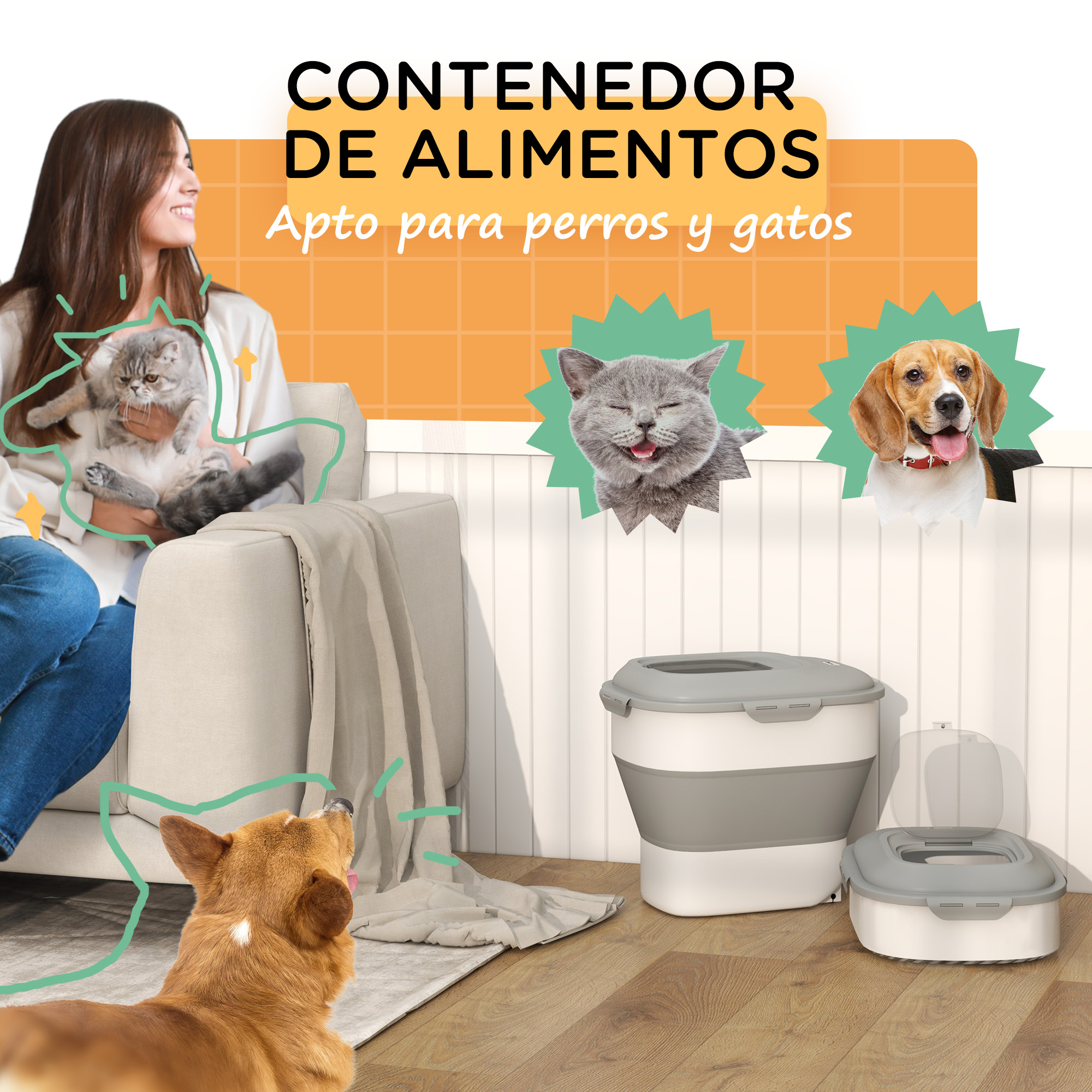 Una mujer sostiene un gato, y un perro está mirando un recipiente de comida, que está al lado de otro recipiente.