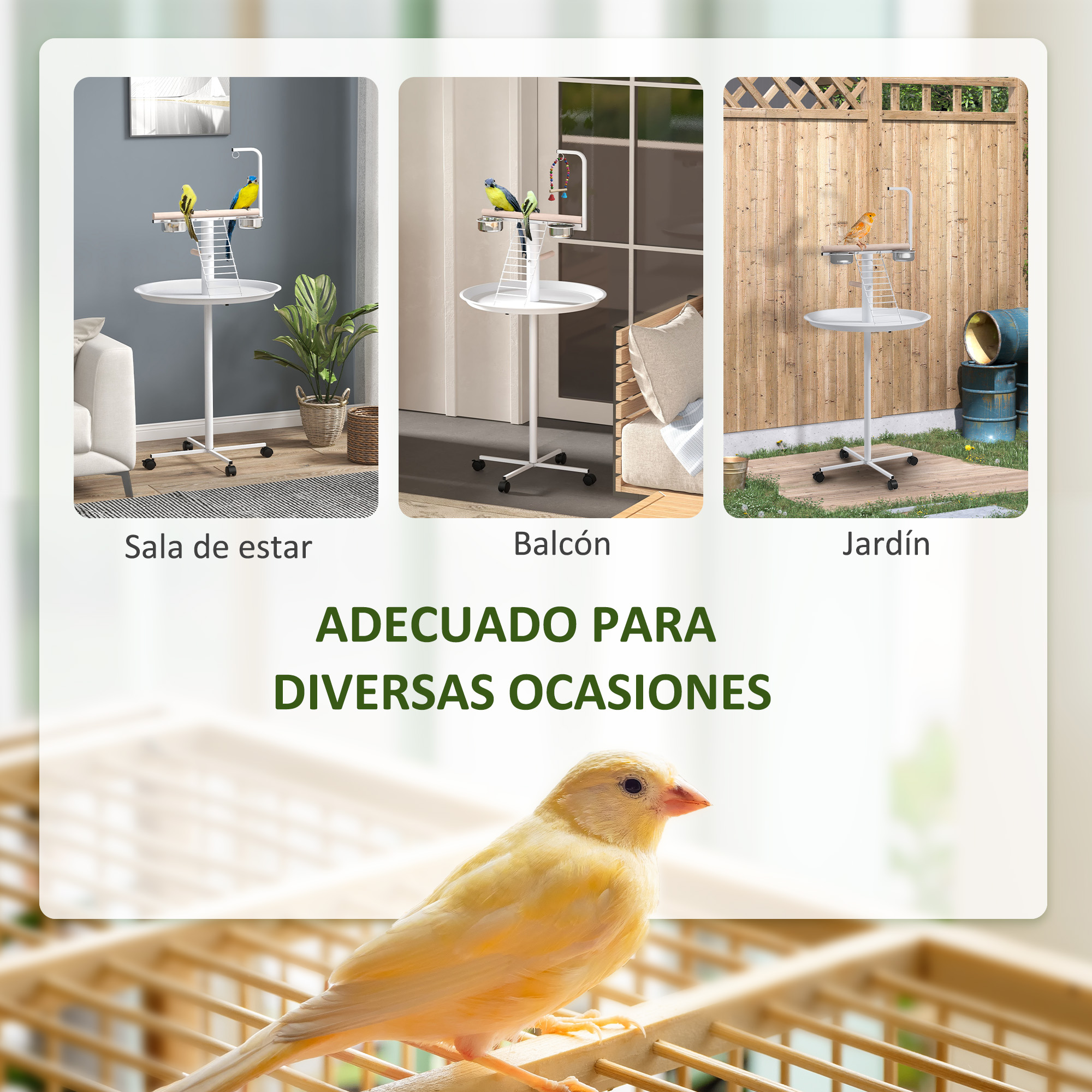 Soporte de jaula para pájaros en salón, balcón y jardín, con un pájaro amarillo posado.