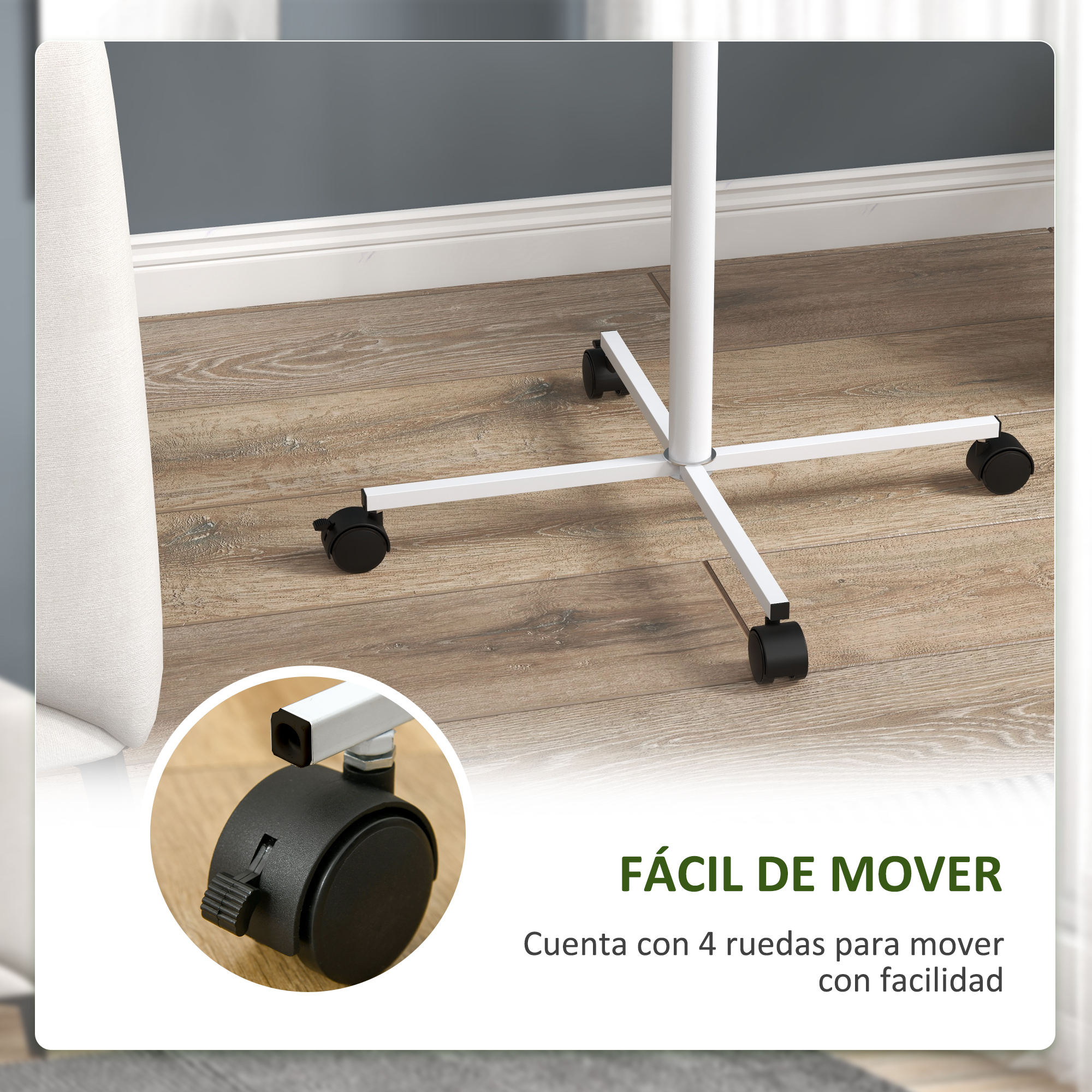 Una base de escritorio con marco blanco y ruedas negras sobre un piso de madera. Texto: Fácil de mover.