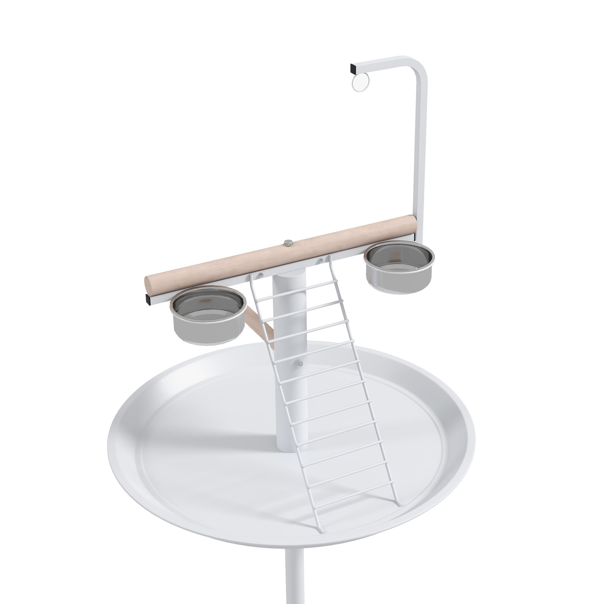 Soporte blanco para pájaros con escalera, cuencos y una percha, con un fondo blanco.