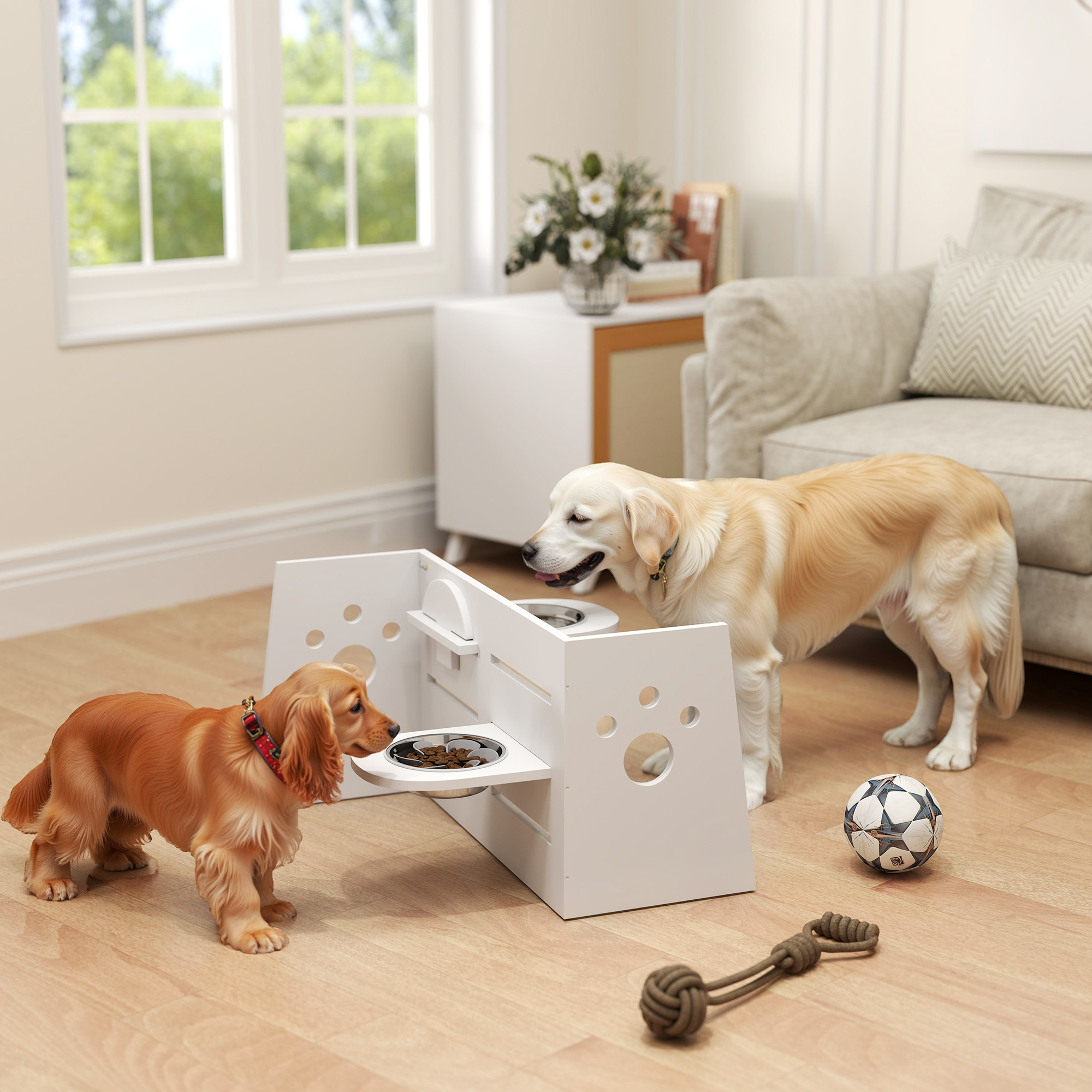 Dos perros, un golden retriever y un cocker spaniel, usan un comedero blanco para mascotas con cuencos de agua y comida.