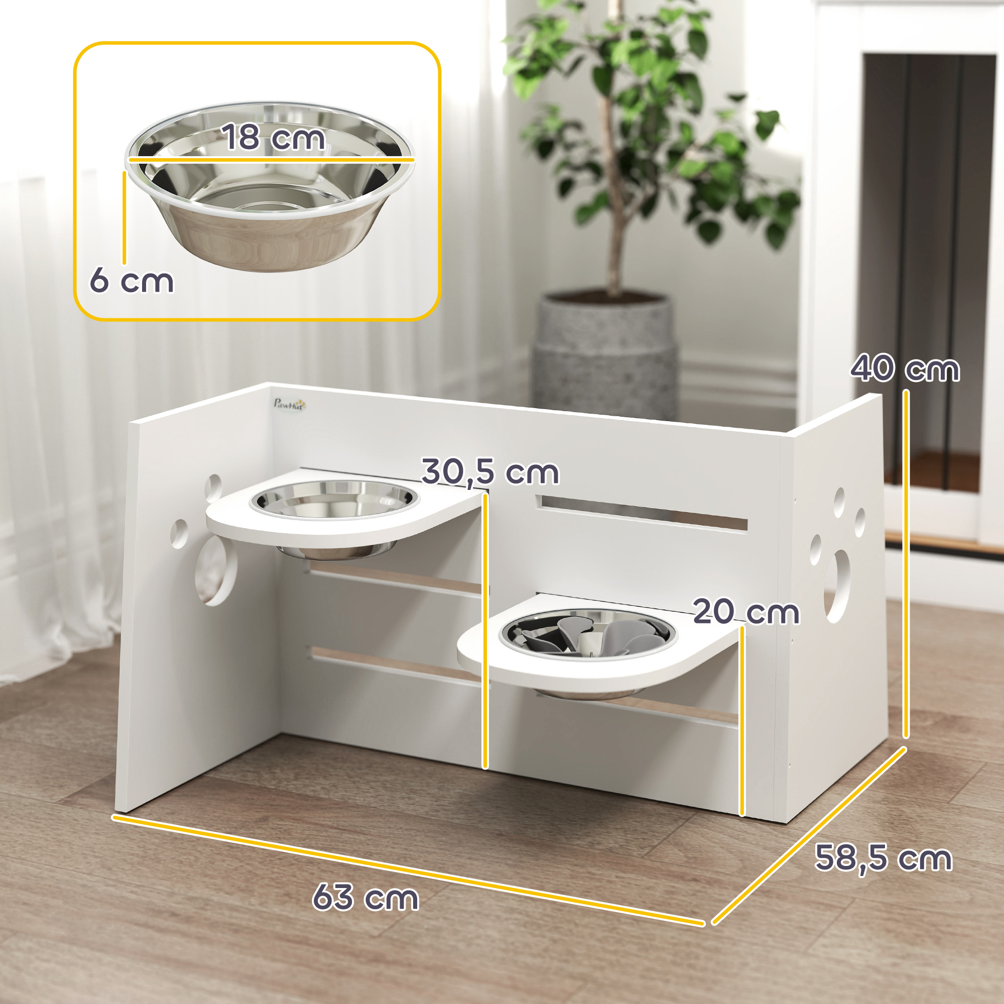Soporte elevado para cuencos de mascotas con dos cuencos de acero inoxidable. Soporte de madera blanca, se indican las dimensiones.