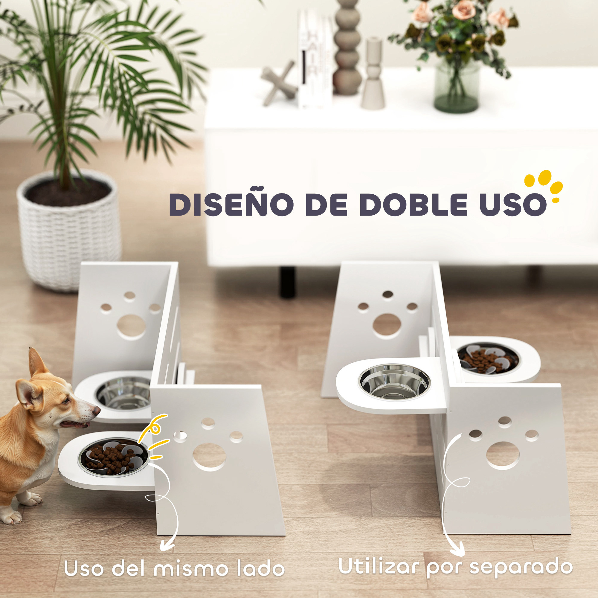 Dos comederos para perros en un soporte blanco. Los cuencos se pueden usar juntos o por separado, con un perro cerca.