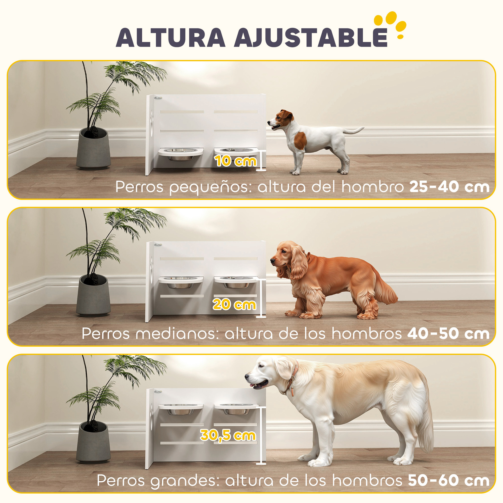 Comedero ajustable para perros con tres niveles, cada uno con un perro y comederos.