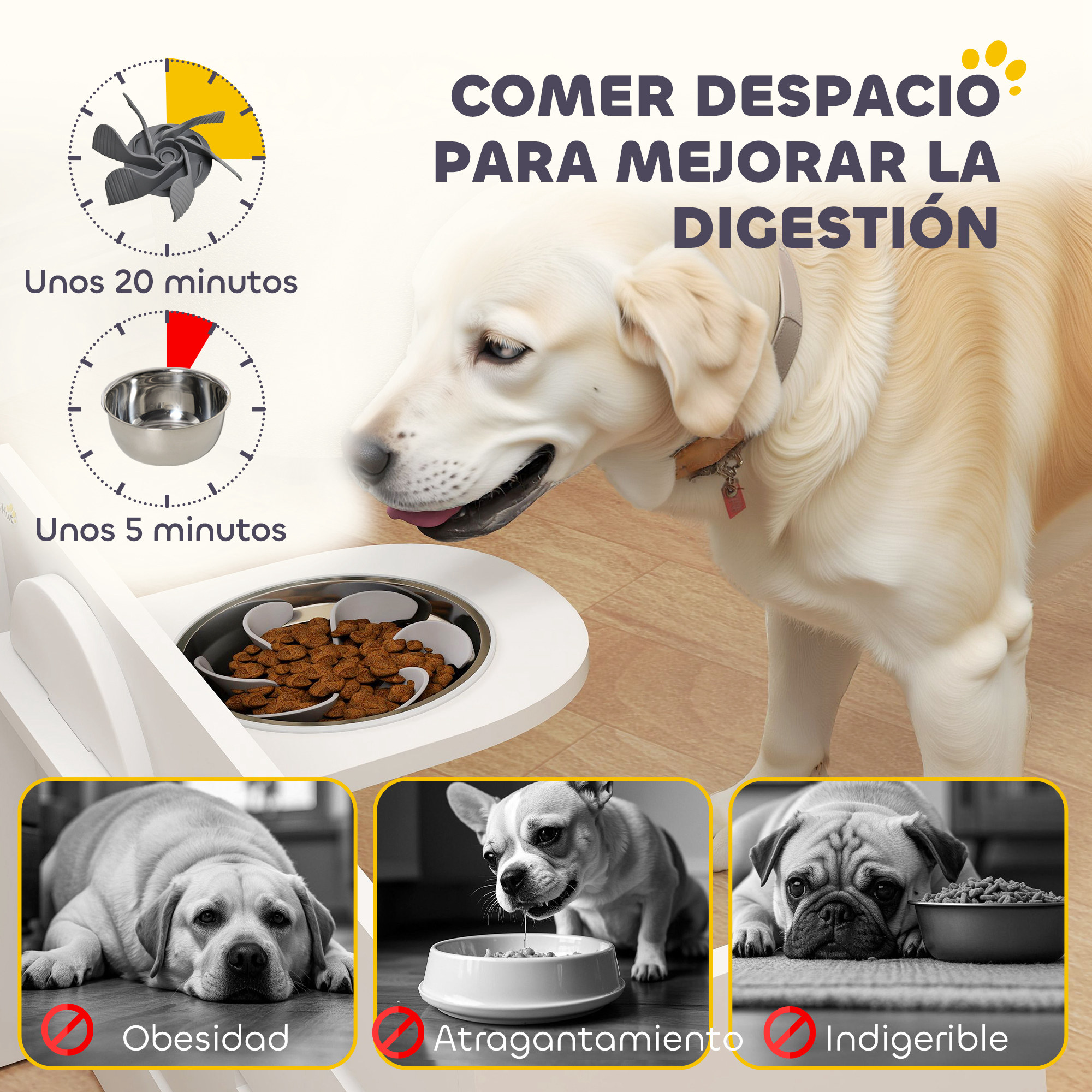Comedero lento para perros con un perro comiendo de él, e imágenes de perros con obesidad, atragantamiento e indigestión.