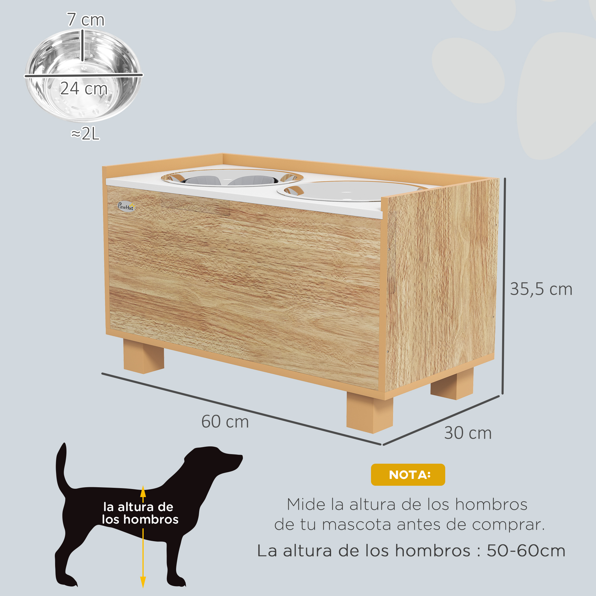 Soporte de cuenco de madera para mascotas con dimensiones y un gráfico que muestra la altura del hombro del perro.