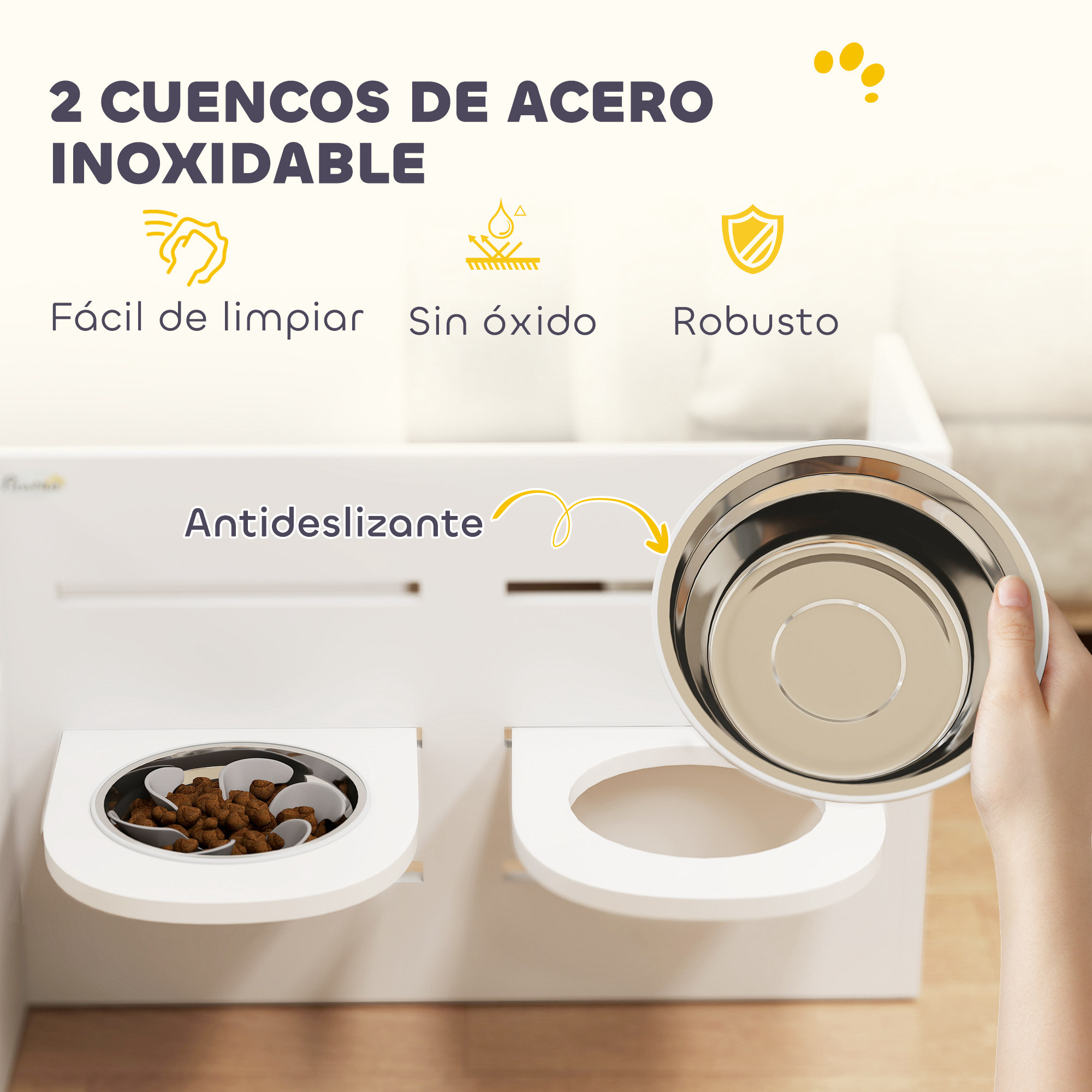 Cuencos de acero inoxidable para mascotas en un soporte blanco. Características: fácil de limpiar, inoxidable, robusto, antideslizante.