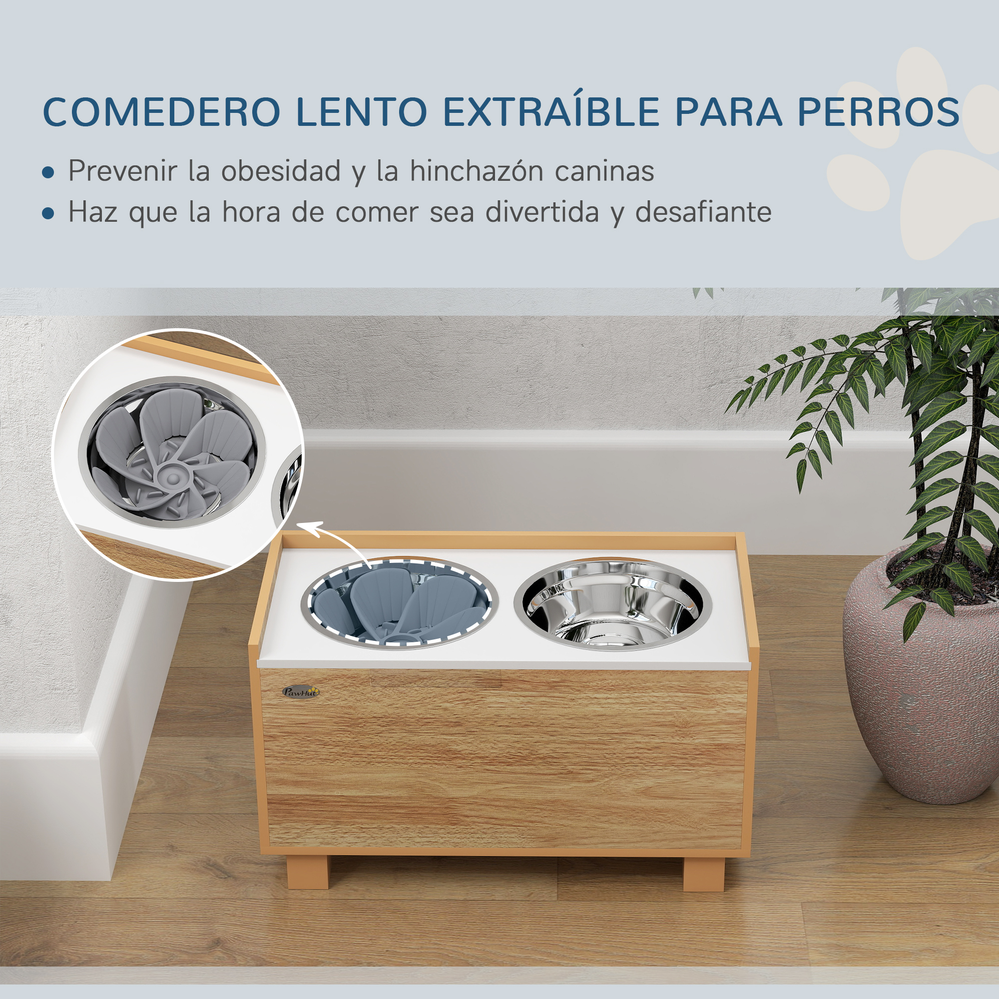 Comedero para perros con dos cuencos, con un inserto de alimentación lenta en uno. Base de madera con una planta en el fondo.