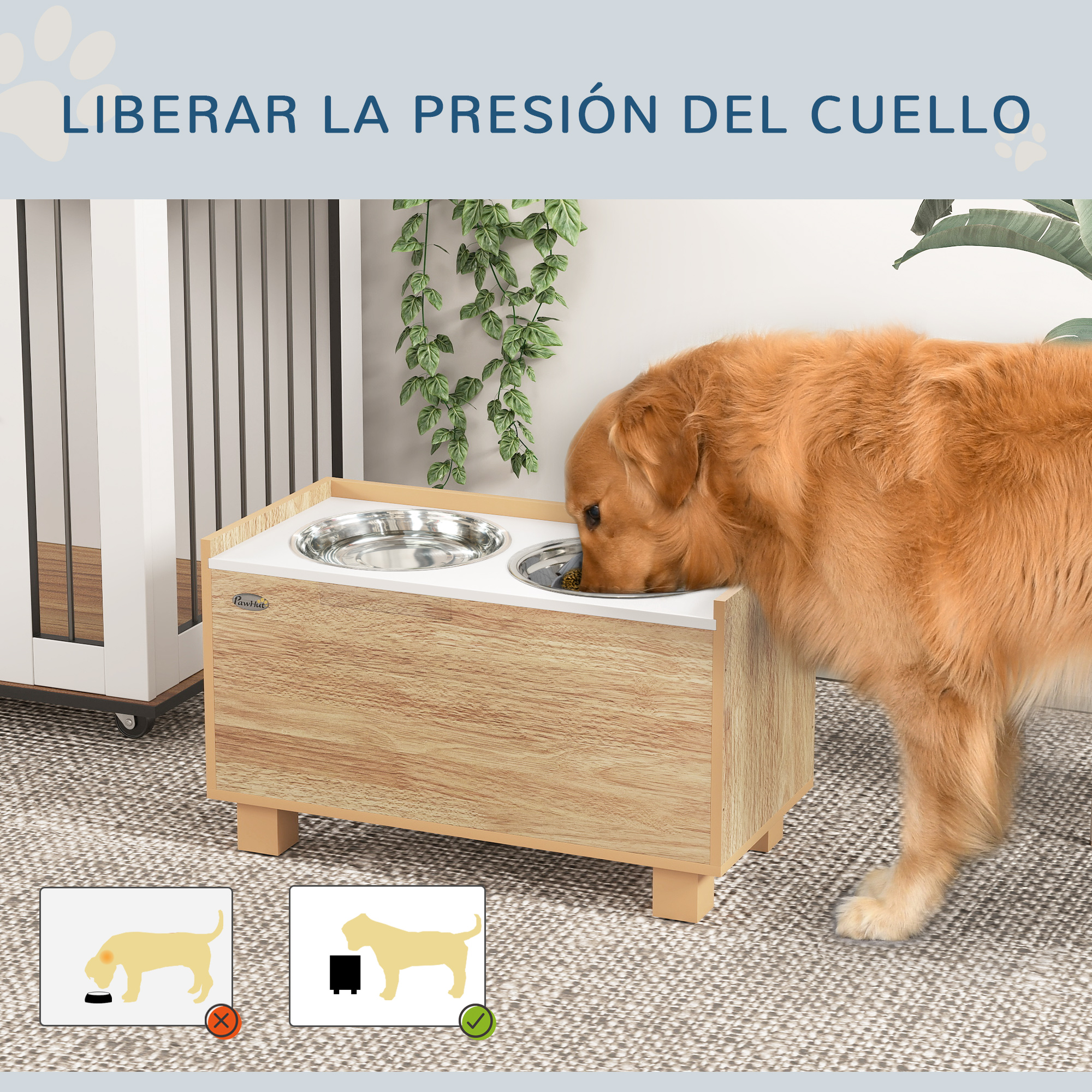 Un perro come de un cuenco de madera. El cuenco está elevado, promoviendo una buena postura.