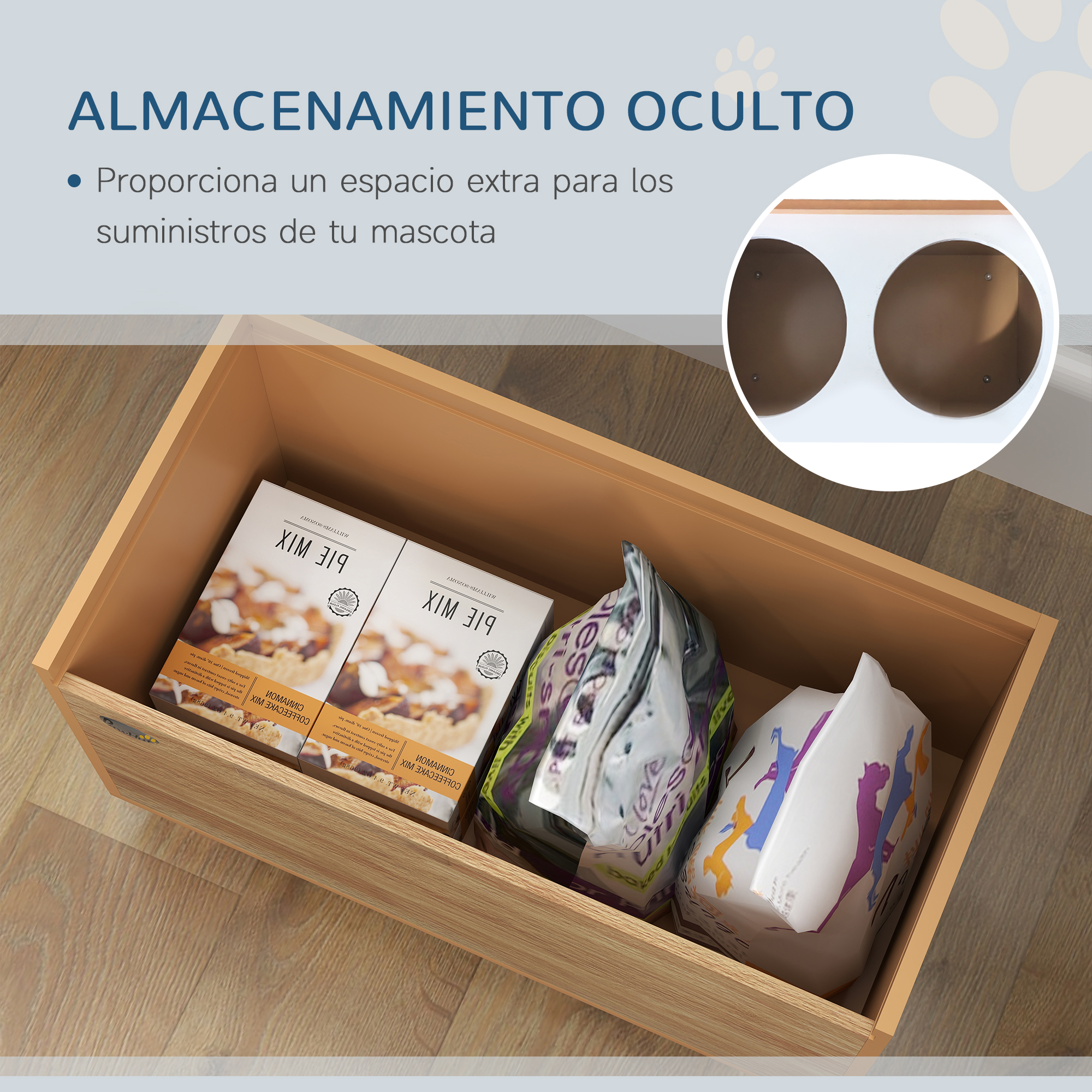 Un cajón de madera contiene bolsas y cajas de comida para mascotas, lo que ilustra el almacenamiento oculto.