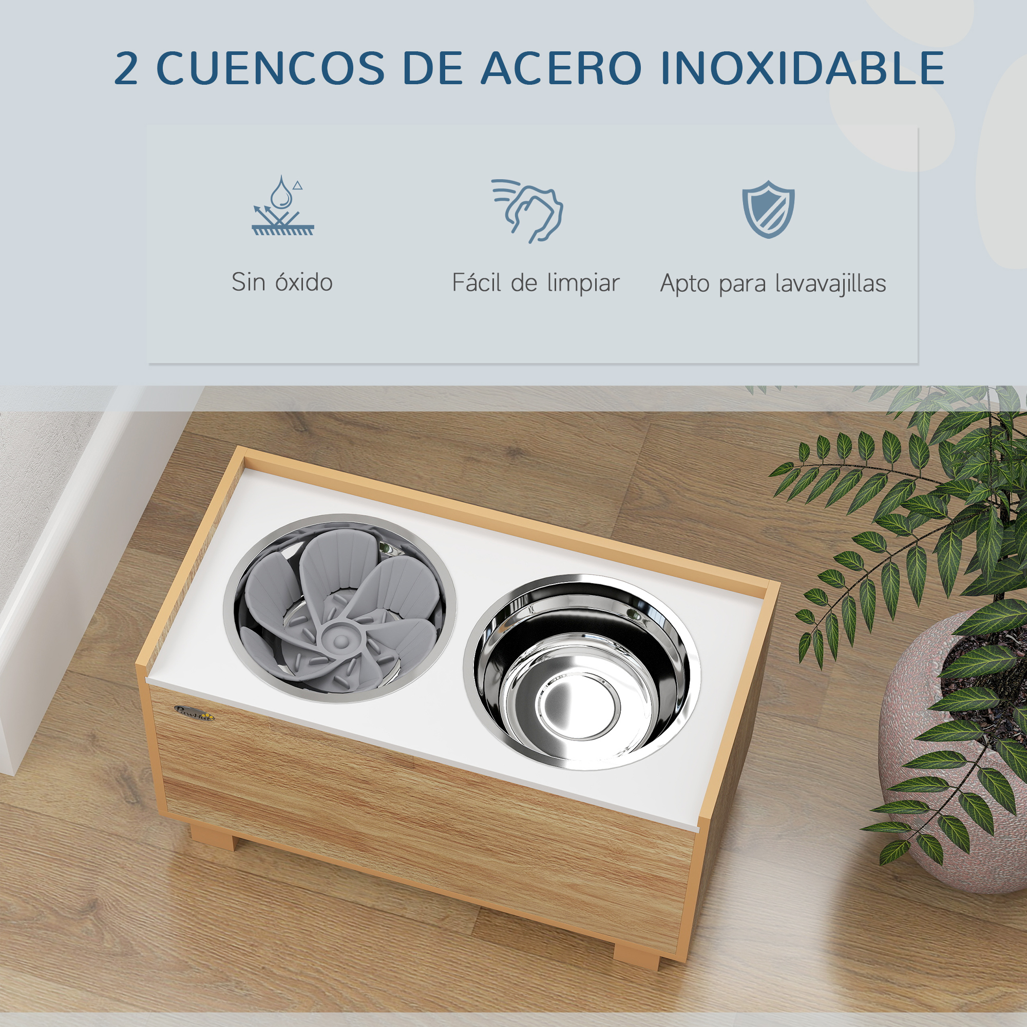 Dos cuencos de acero inoxidable para perros en un soporte de madera con tapa blanca.