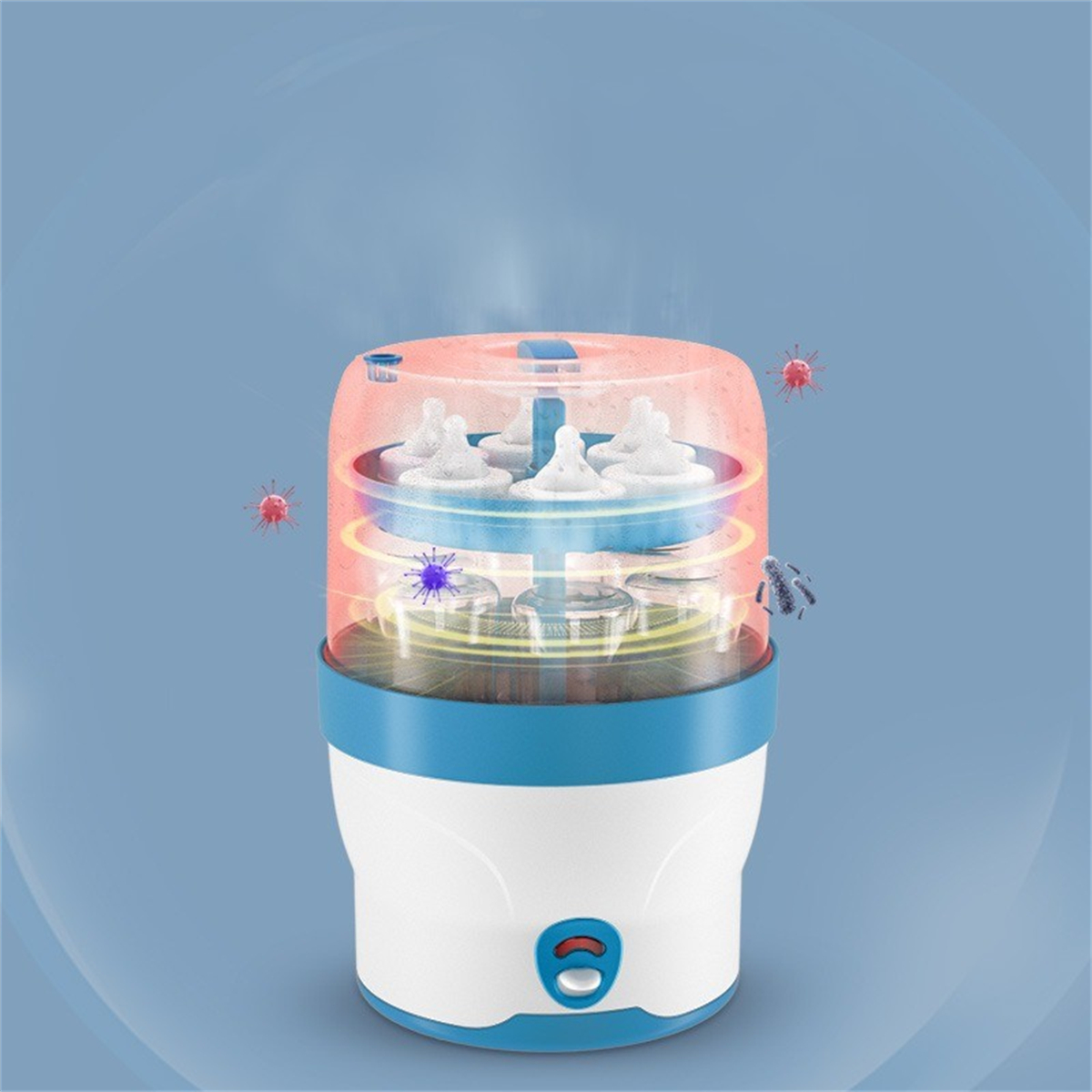 Weiß-blauer Babyflaschensterilisator mit transparentem Deckel.