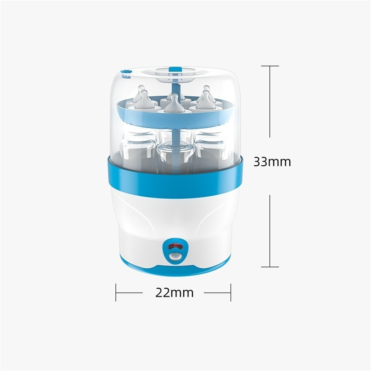 Ein weiß-blauer Babyflaschensterilisator. Es hat Flaschen im Inneren und Abmessungen von 22mm x 33mm.