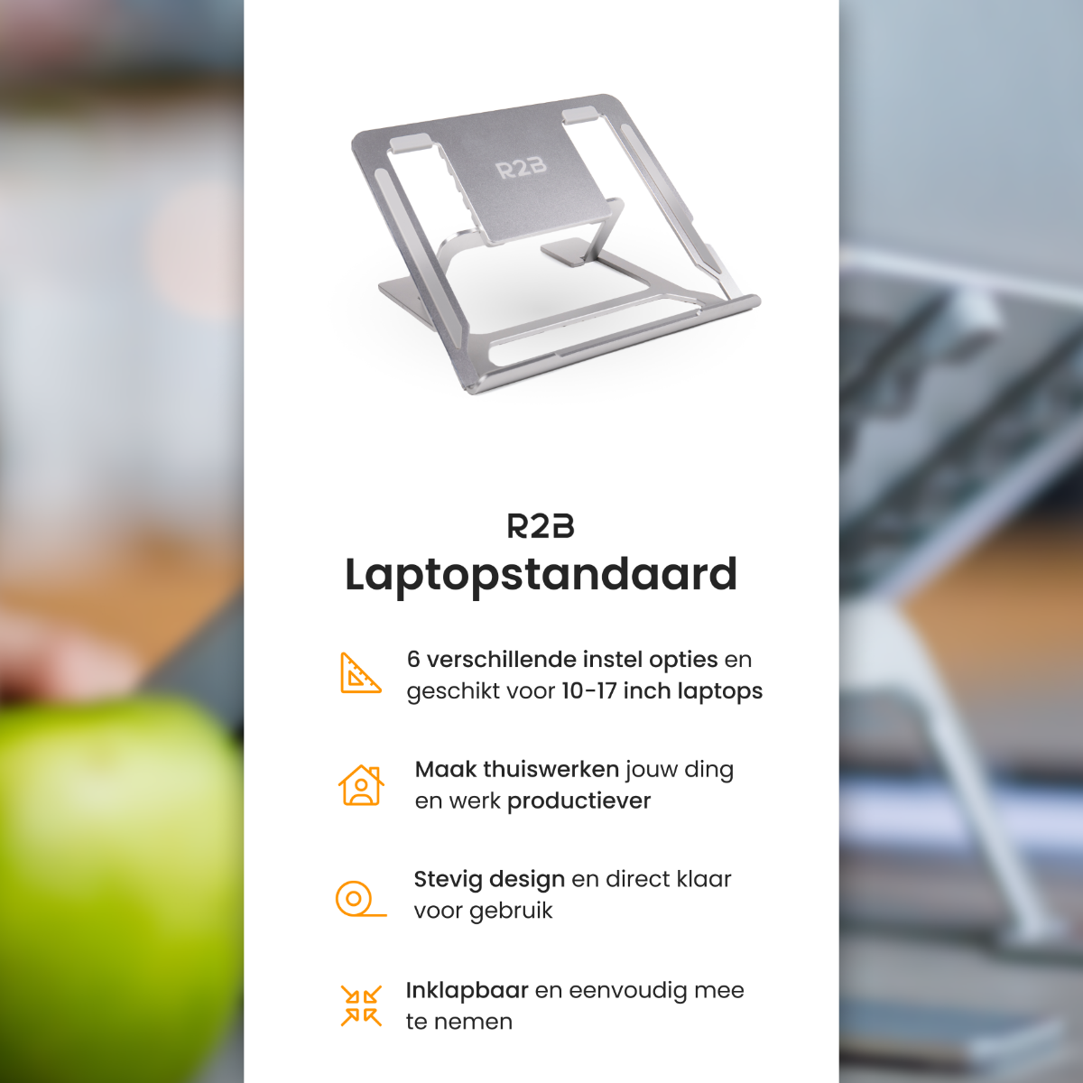 Zilveren laptopstandaard met logo. Tekst: R2B Laptostandaard. Pictogrammen en tekst hieronder.