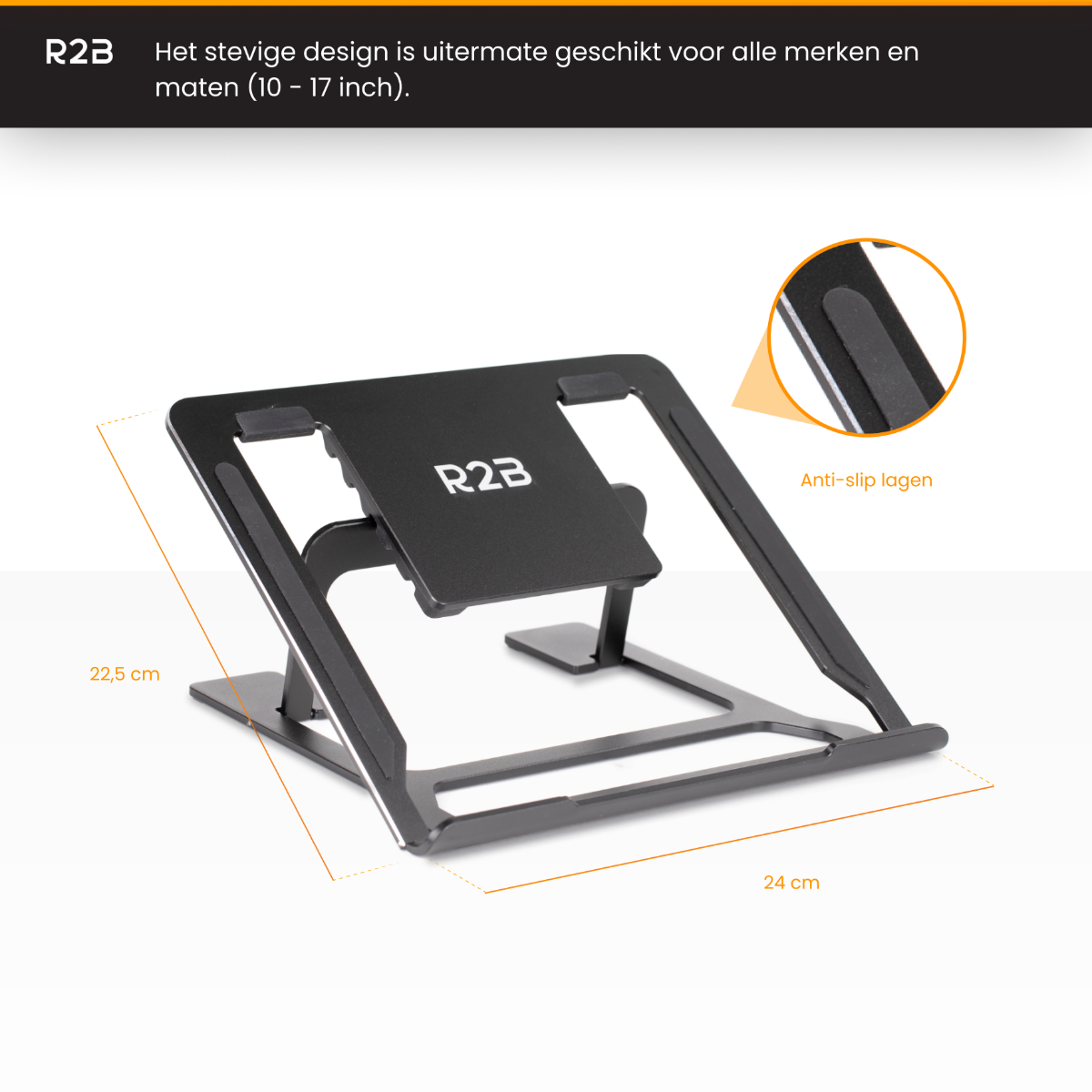 Zwarte laptopstandaard met afmetingen en tekst.