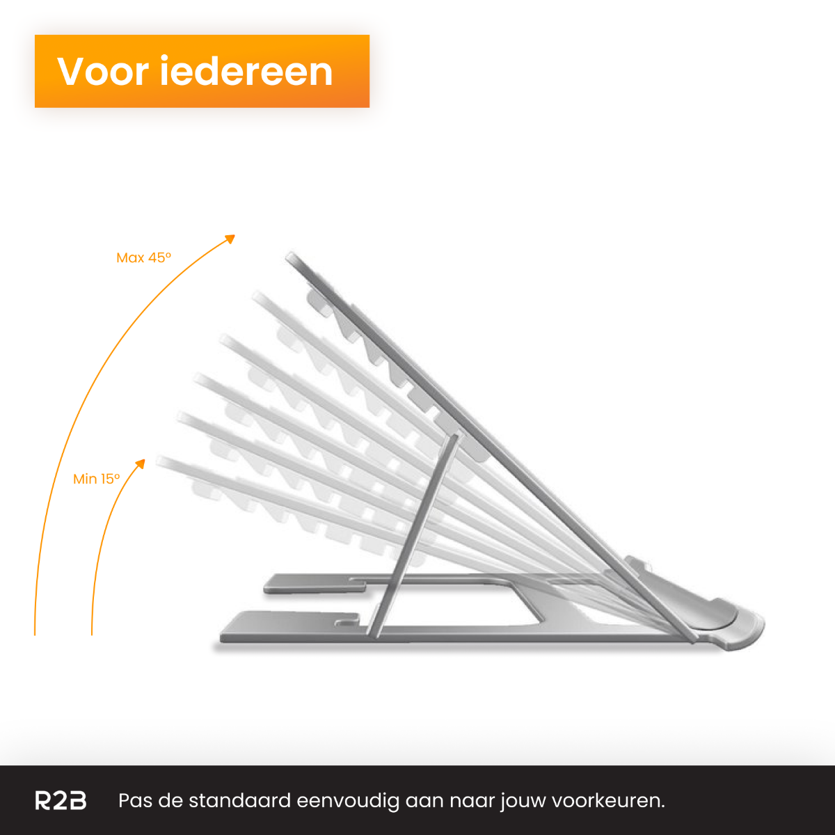 Een laptopstandaard wordt getoond met verschillende hoeken. De standaard is grijs en heeft een modern design.