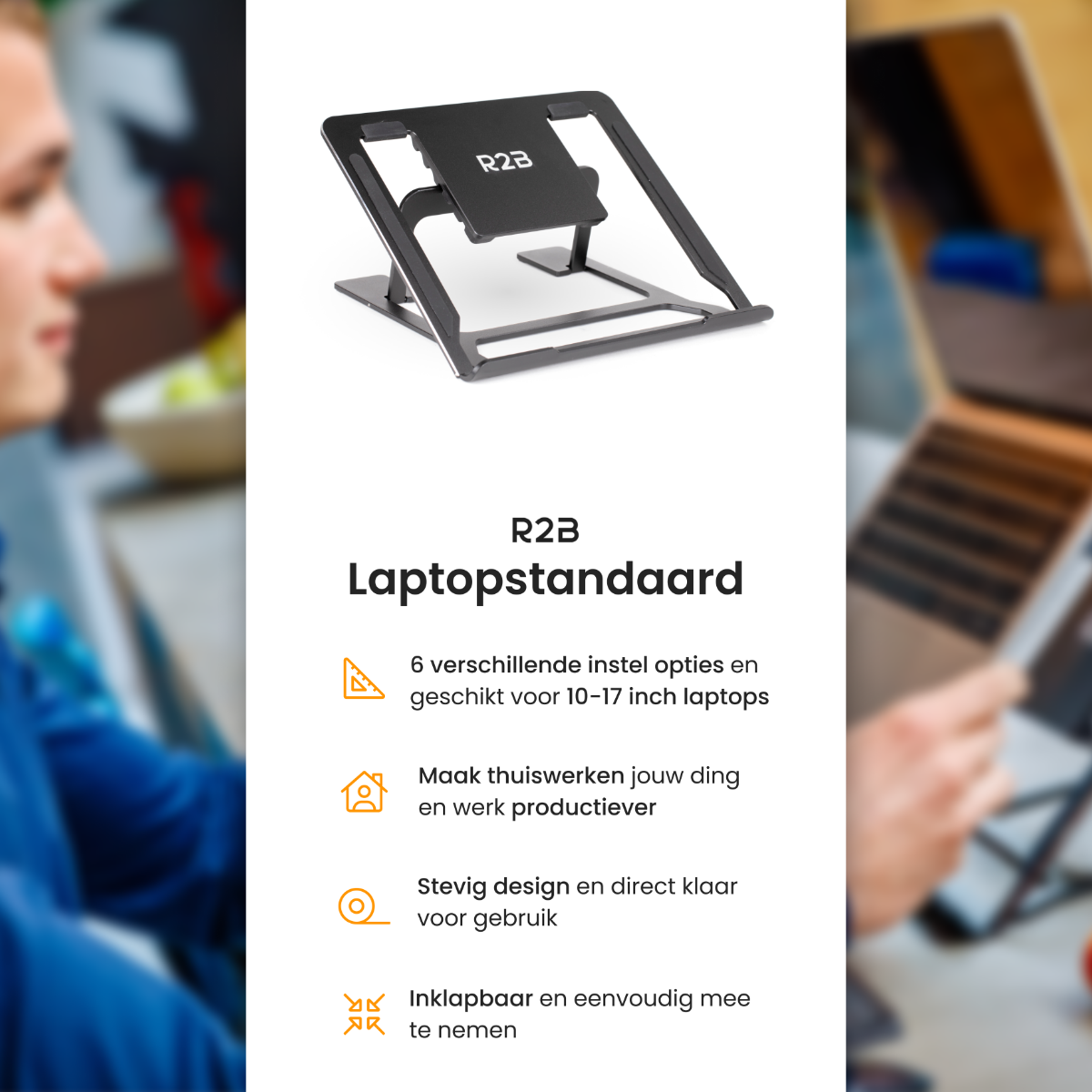 Zwarte laptopstandaard met tekst. Een persoon is te zien met een laptop op de achtergrond.