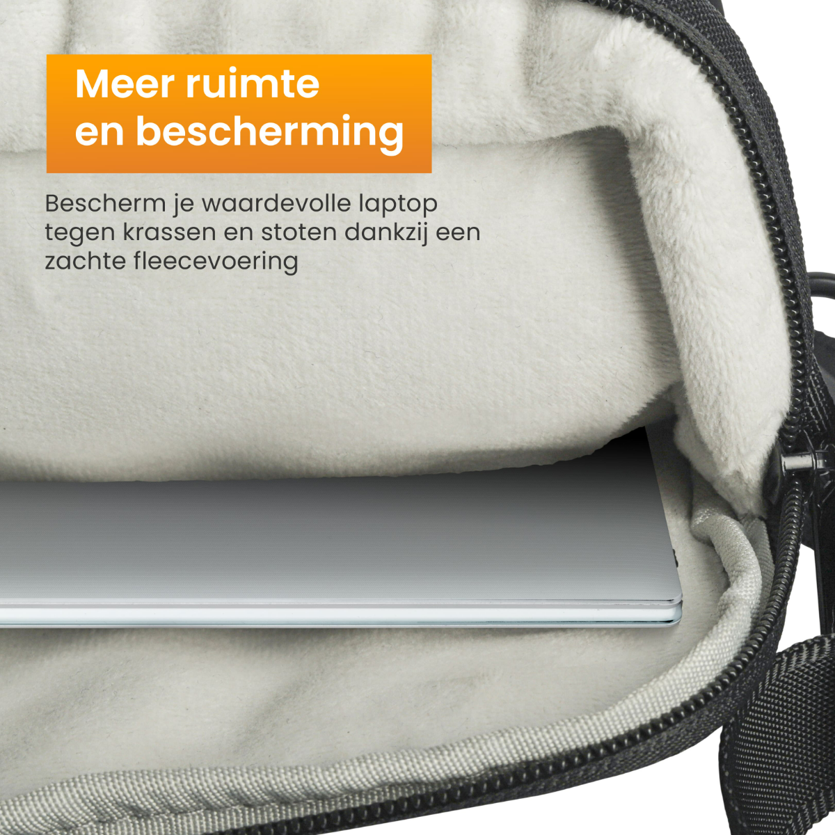 Laptop inside a black laptop case with soft gray interior, with text about protection.