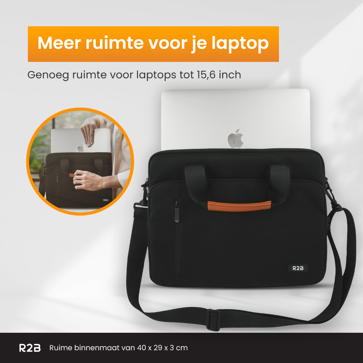 A black laptop bag with a handle. A man is taking out a laptop. The background is a white wall. Orange text on the top.