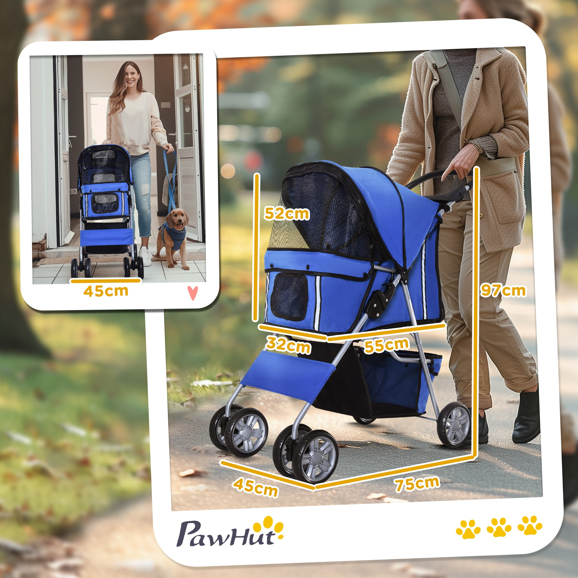 Un cochecito azul para mascotas con dimensiones, y una mujer paseando con un perro con correa.