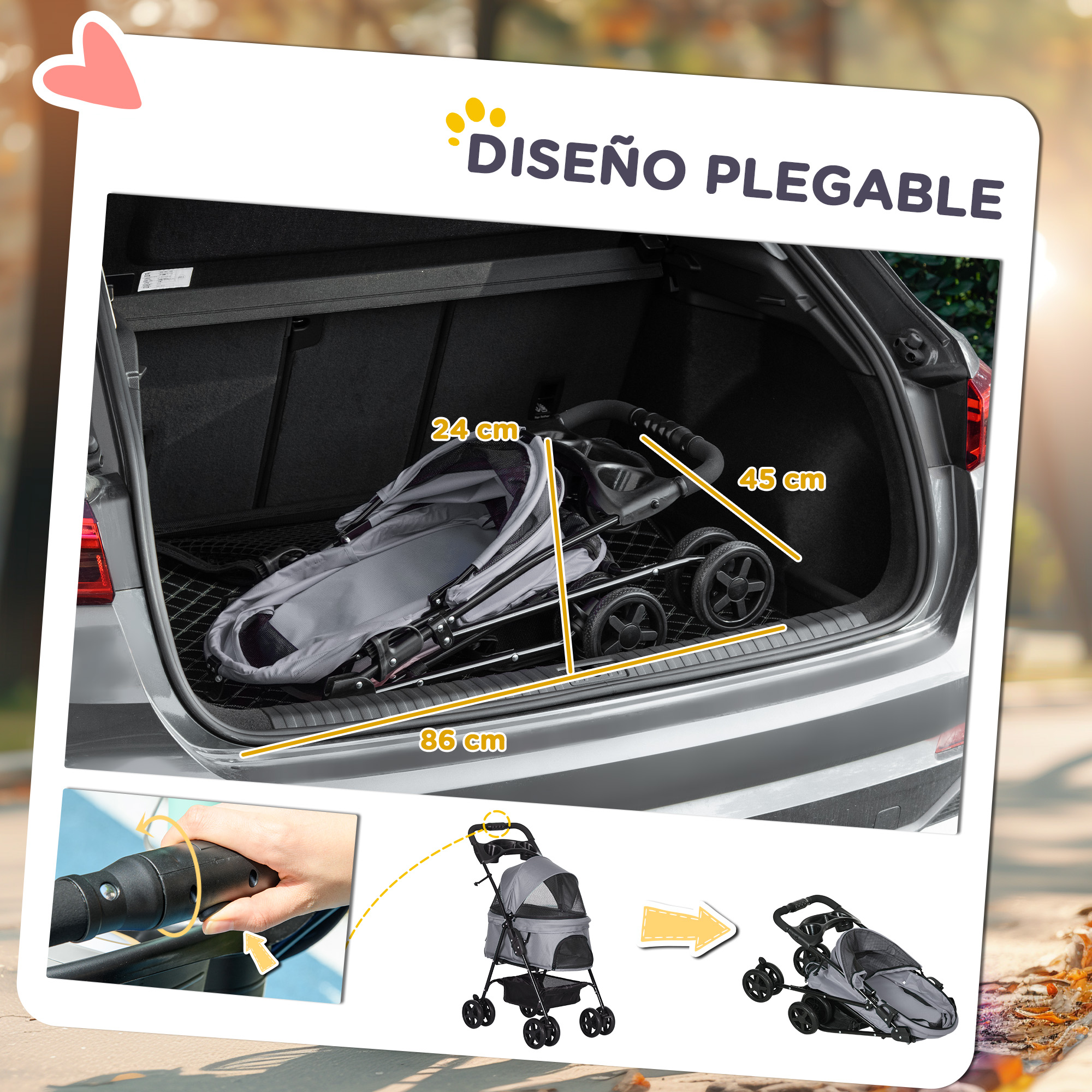 Cochecito plegable para mascotas dentro del maletero de un coche. Es gris, con dimensiones indicadas y una mano.