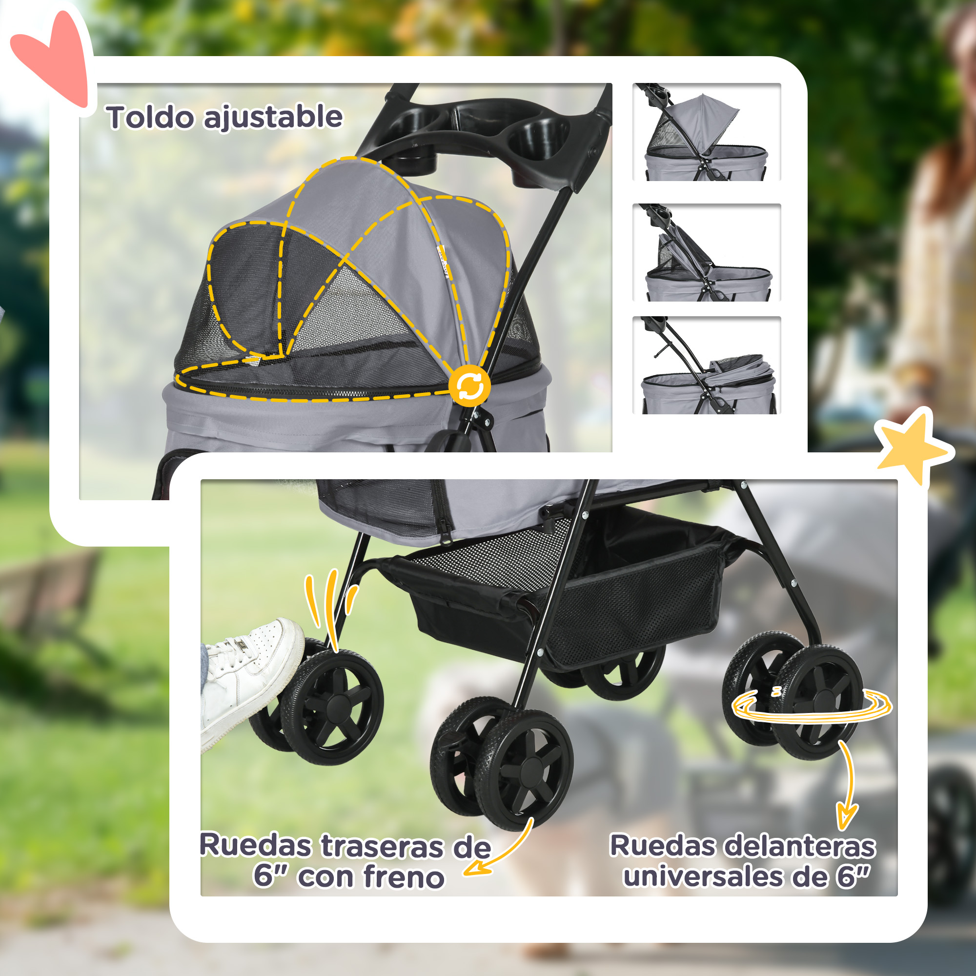 Un cochecito gris para mascotas con capota ajustable y almacenamiento. Incluye ruedas.