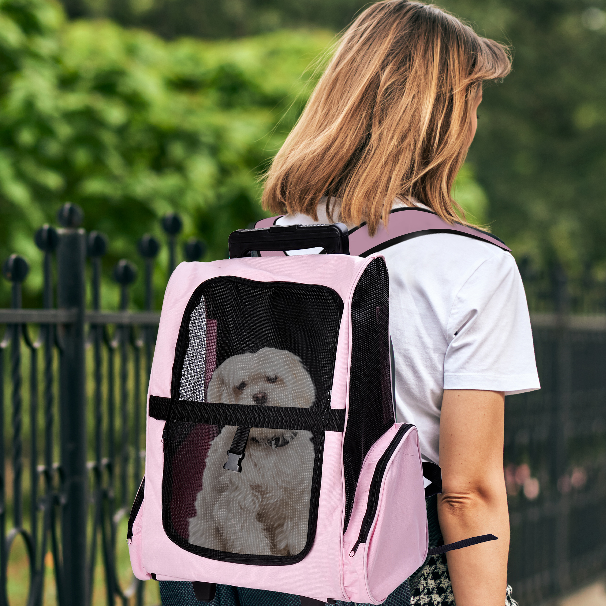 Una mujer que lleva un perro pequeño en una mochila transportadora rosa con ventanas de malla negra.