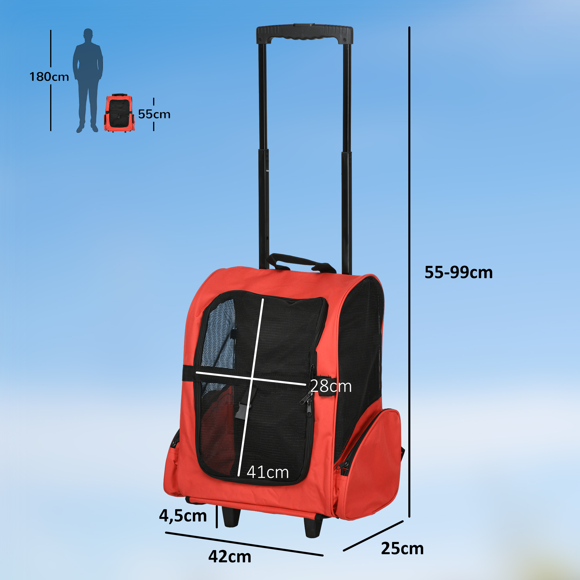 Transportín rojo para mascotas sobre ruedas con dimensiones y silueta de persona para comparar.