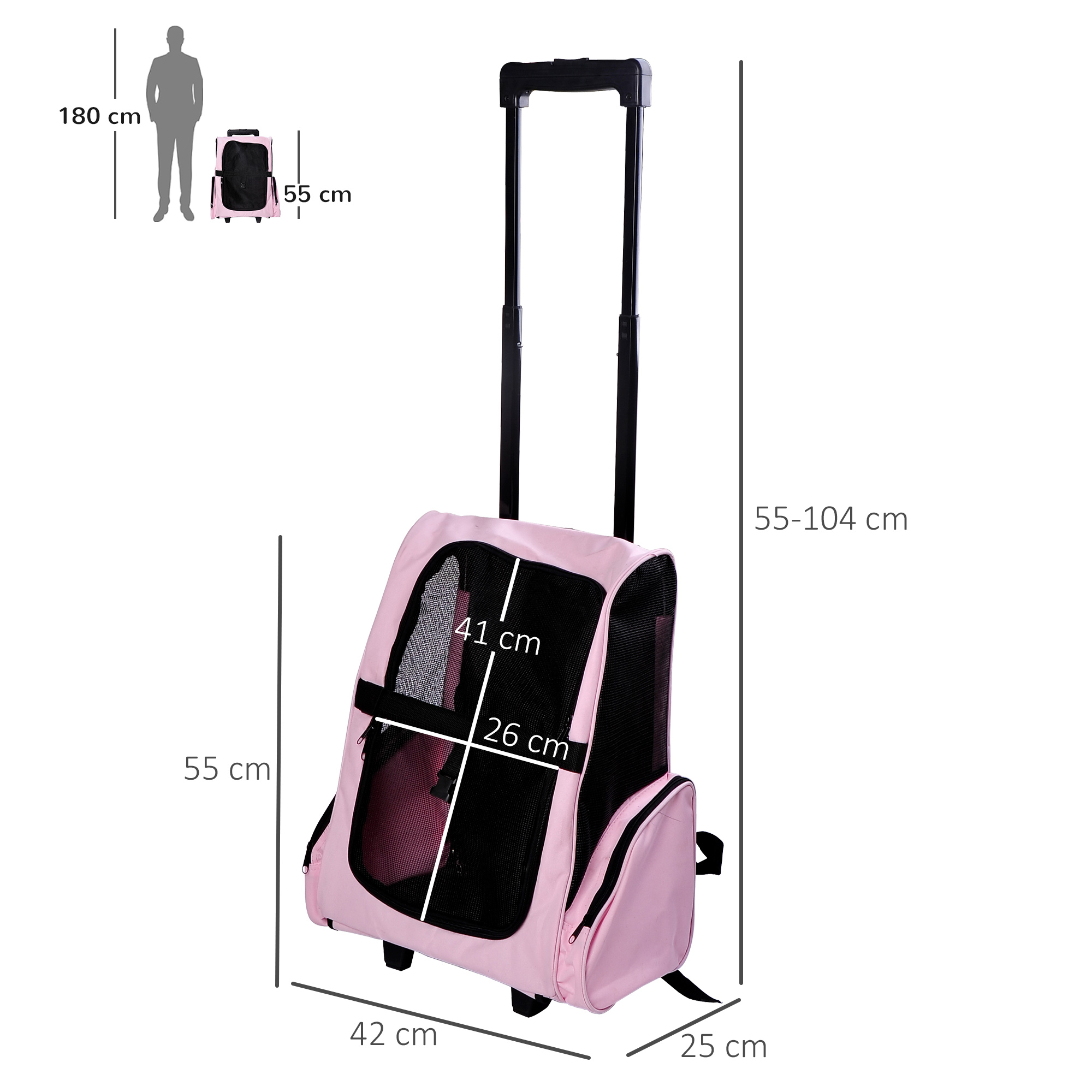 Un transportín rosa para mascotas con ruedas con dimensiones y una persona. Se muestra una persona junto al transportín.