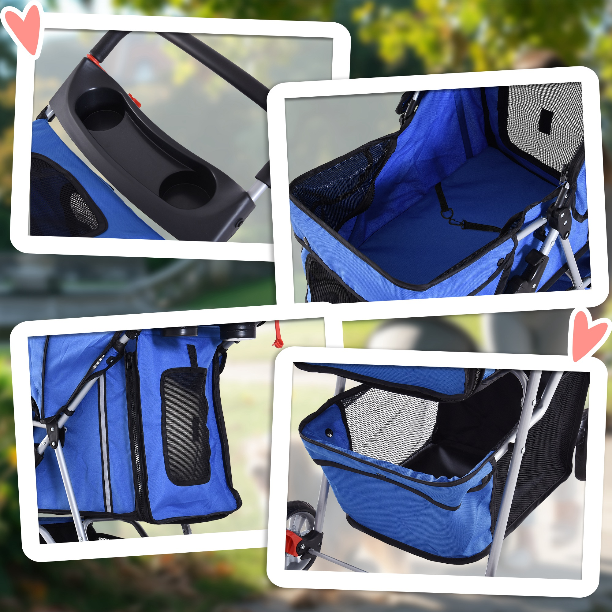 Collage de un cochecito para mascotas azul y negro con portavasos y almacenamiento.