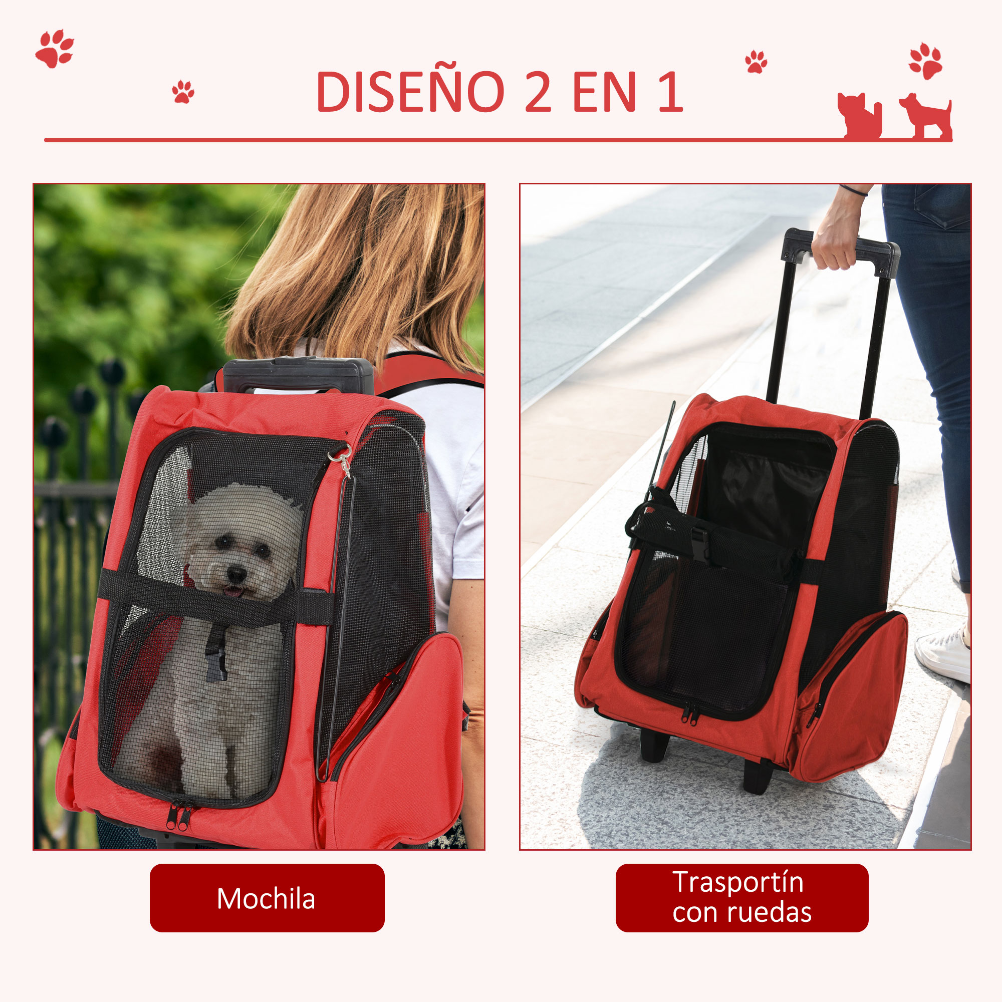 Dos transportines para mascotas; uno tipo mochila y otro con ruedas, ambos rojos.