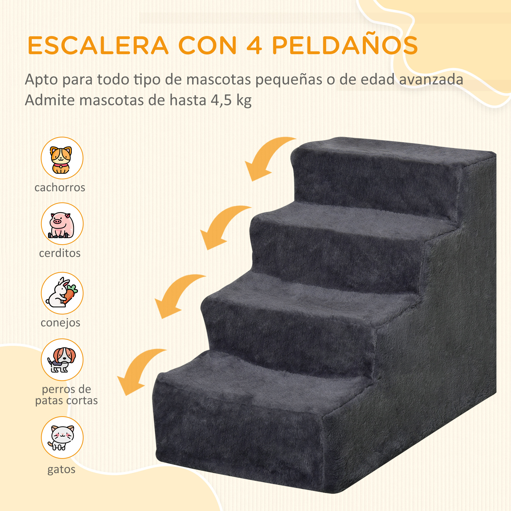 Escalera gris para mascotas adecuada para mascotas pequeñas. Instrucciones e imágenes sobre cómo usarla.