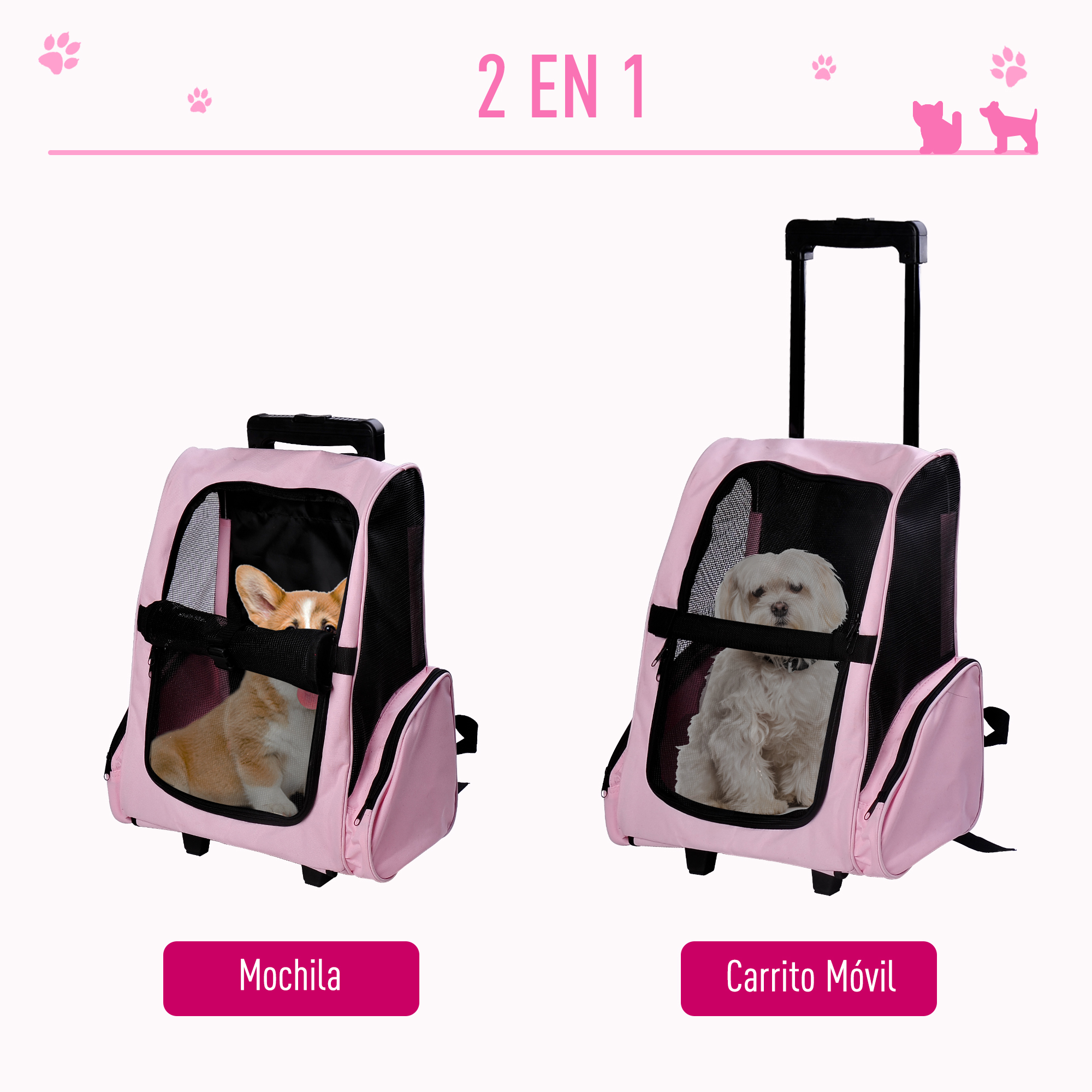 Transportín rosa para mascotas con un perro y un perro pequeño dentro, con texto '2 EN 1'.