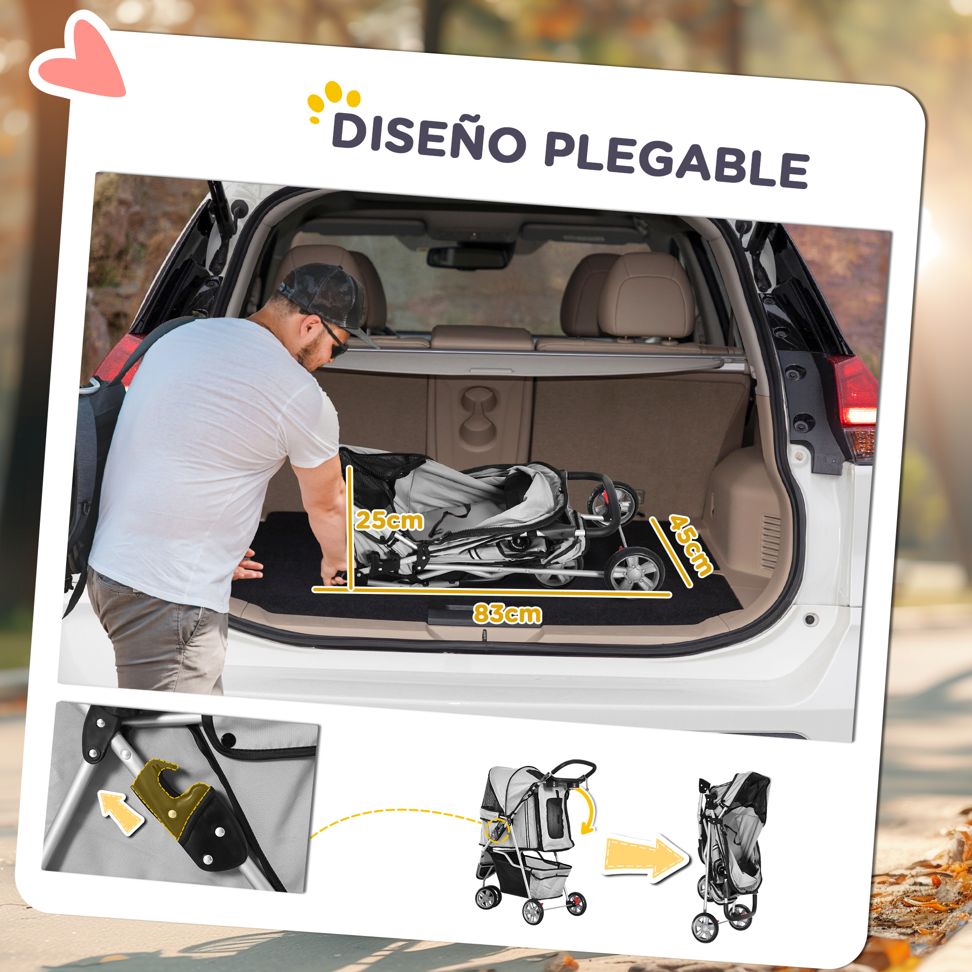 Un hombre plegando un cochecito en la parte trasera de un coche. Se indican las dimensiones.