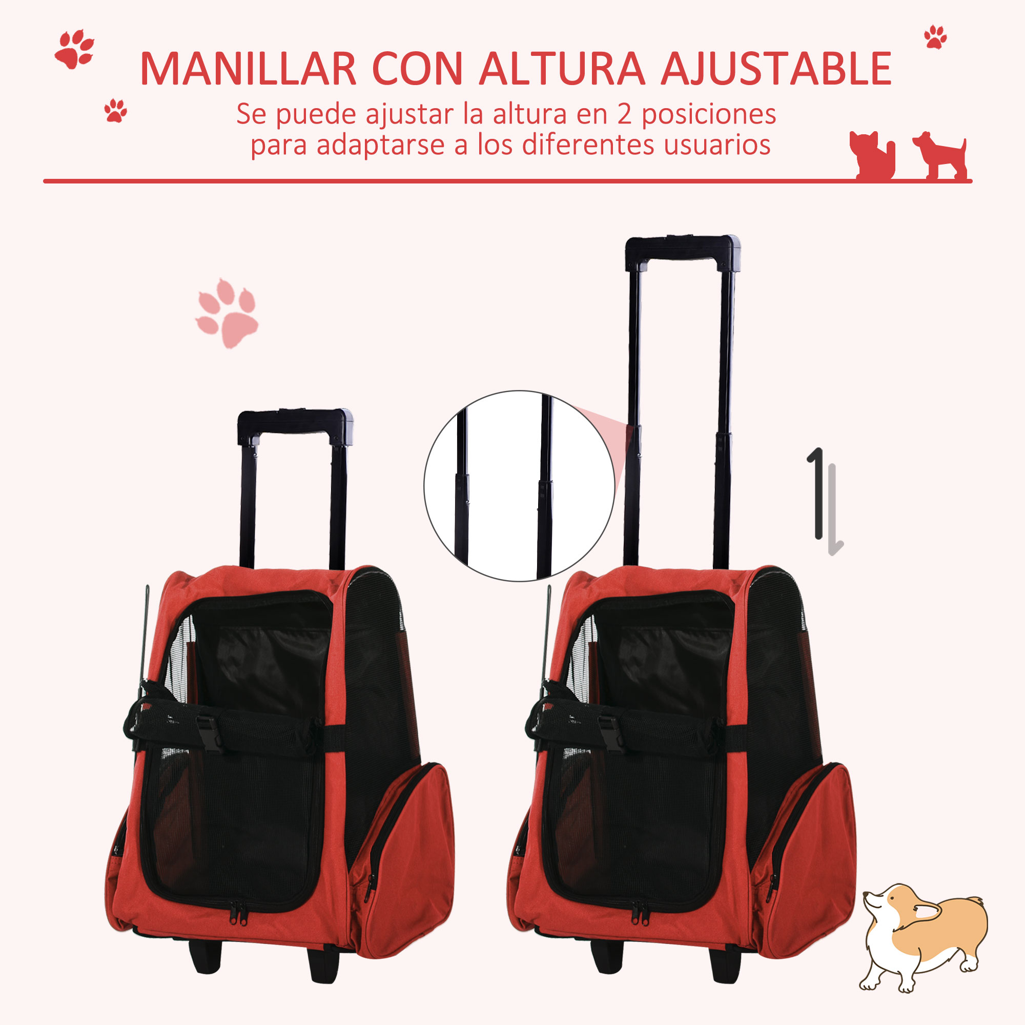 Dos transportines rojos para mascotas con asas ajustables. El texto en la imagen describe el ajuste del asa.