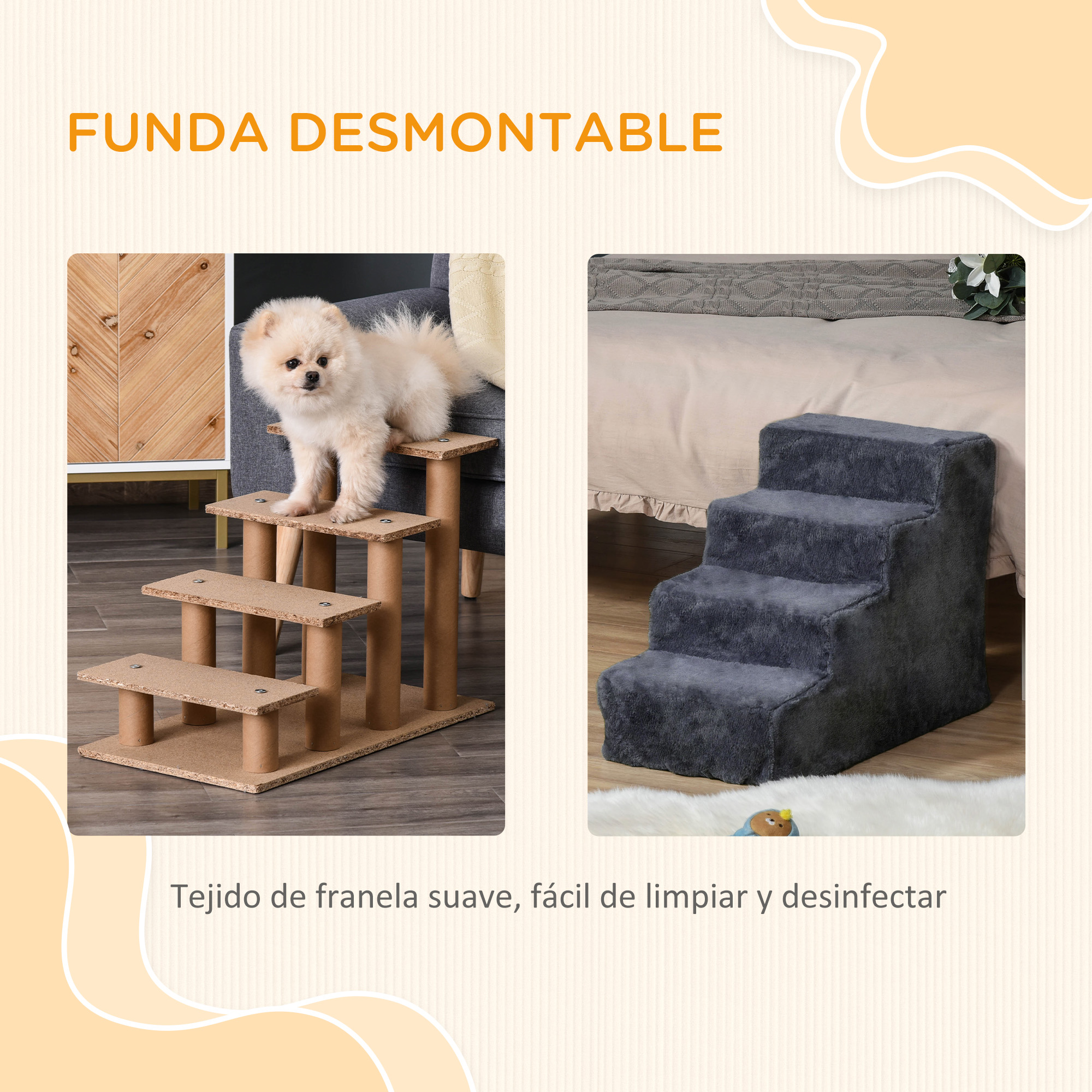Dos imágenes de escaleras para perros. Una muestra un perro en las escaleras, la otra las escaleras mismas.