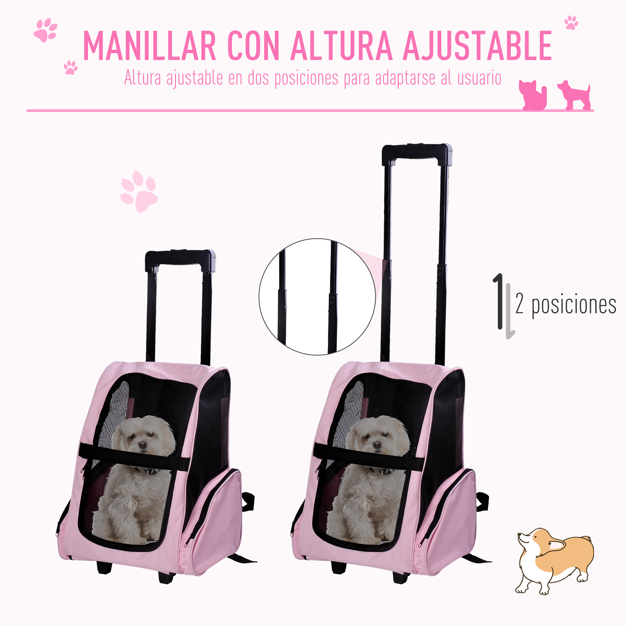 Dos bolsas de transporte para mascotas rosas con perros dentro, con asa ajustable y ruedas.
