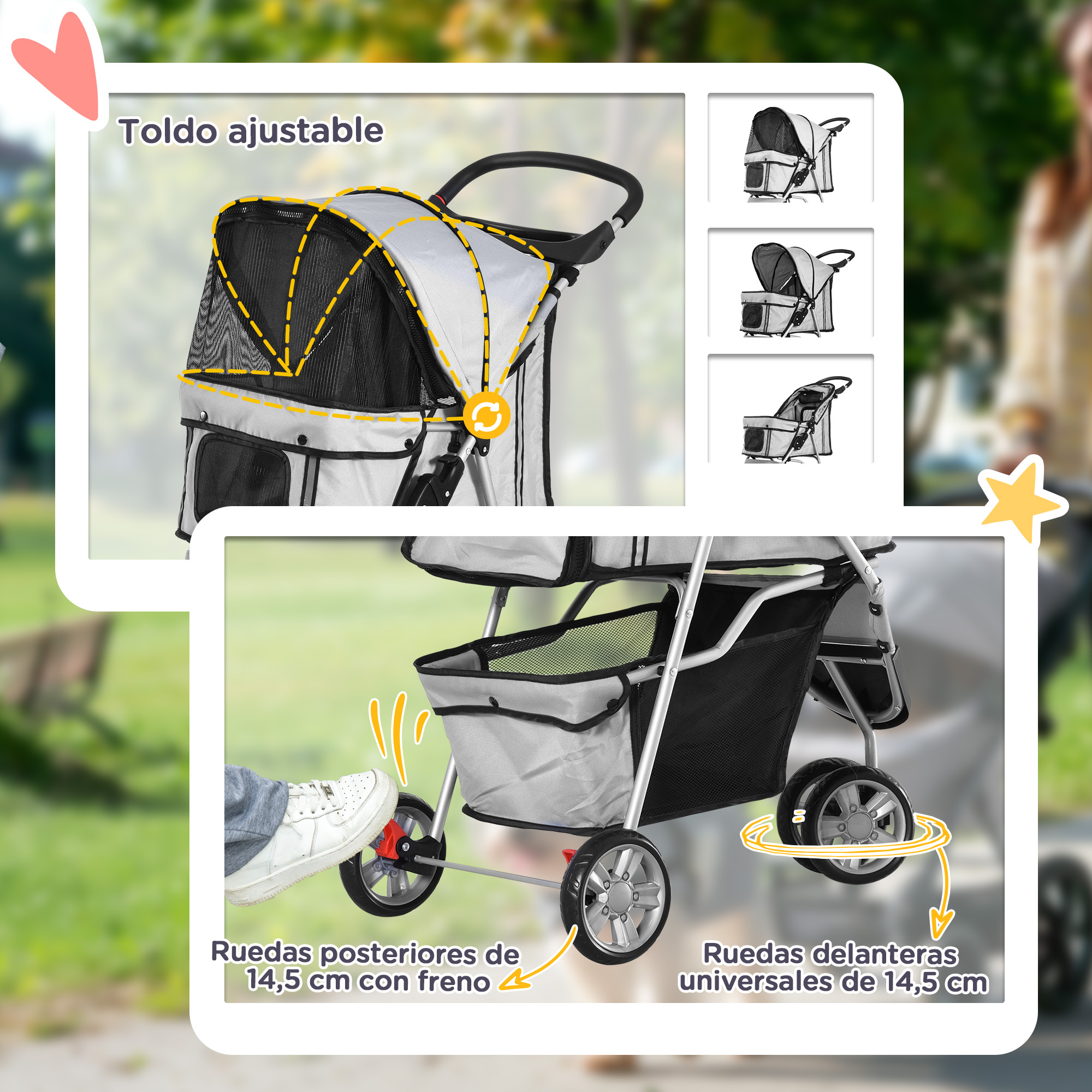 Un cochecito para mascotas con capota ajustable, freno de pie y ruedas delanteras universales.