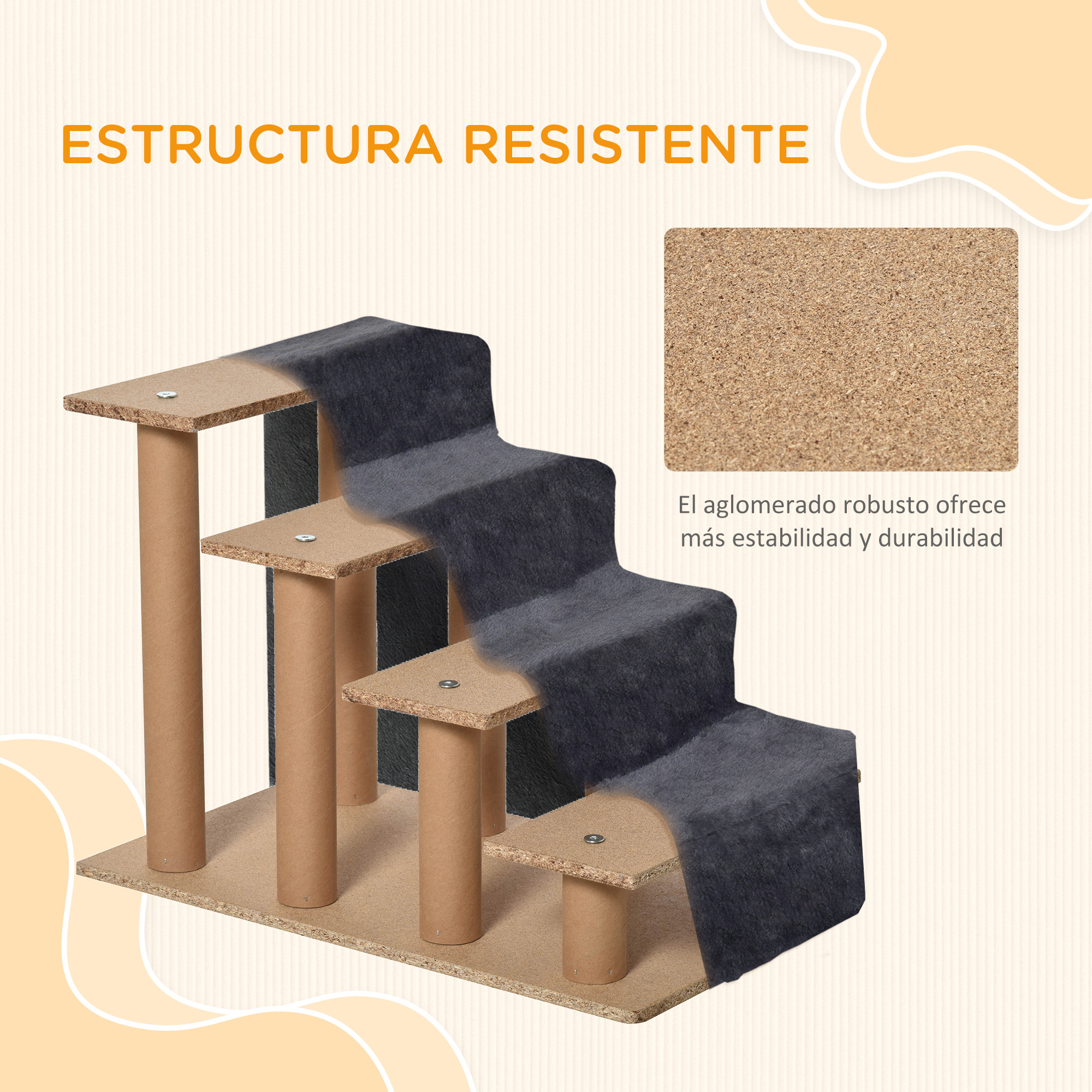 Poste rascador para gatos en forma de escalera con columnas beige y superficie alfombrada gris.