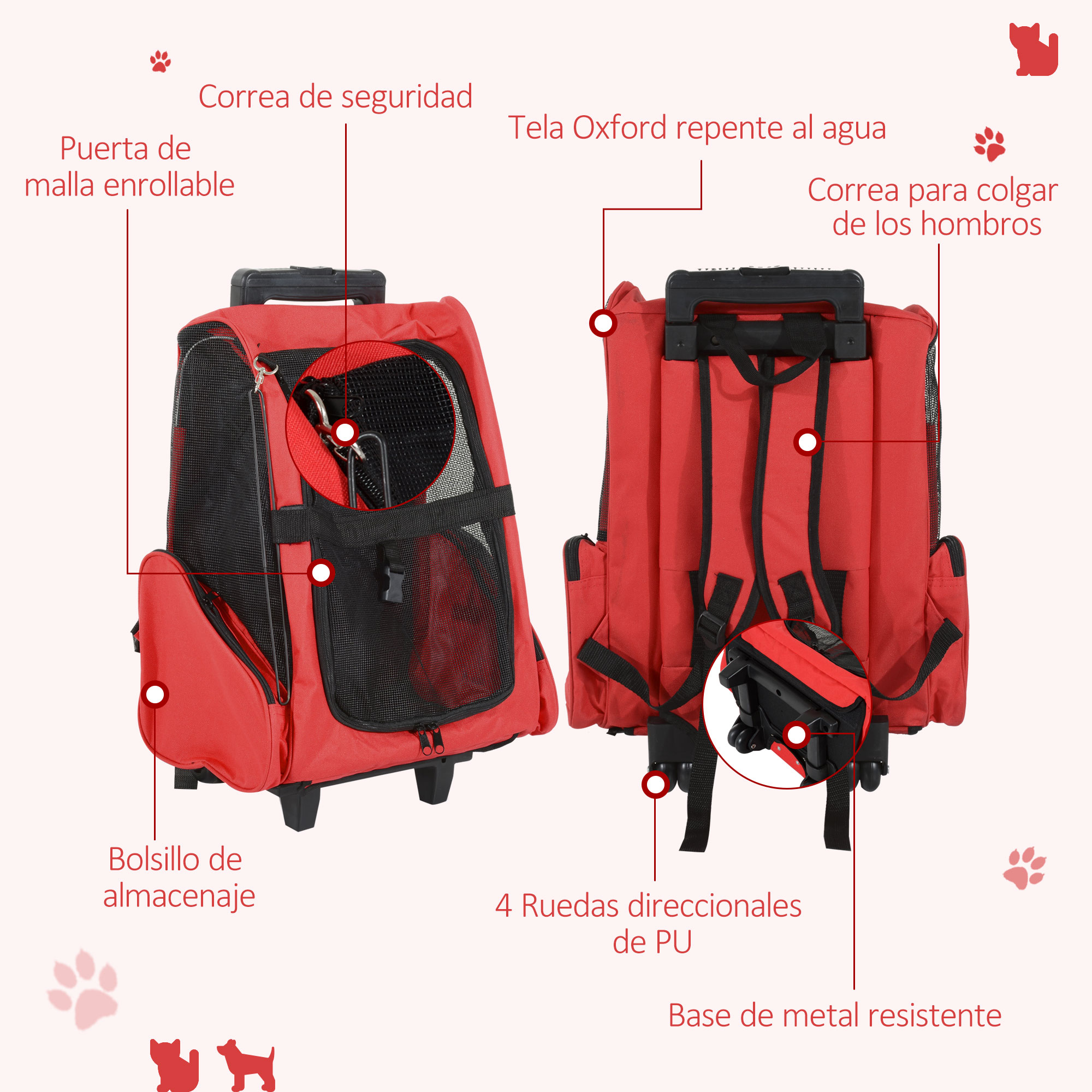 Un transportín rojo para mascotas con un perro en la parte delantera y trasera con etiquetas en español.