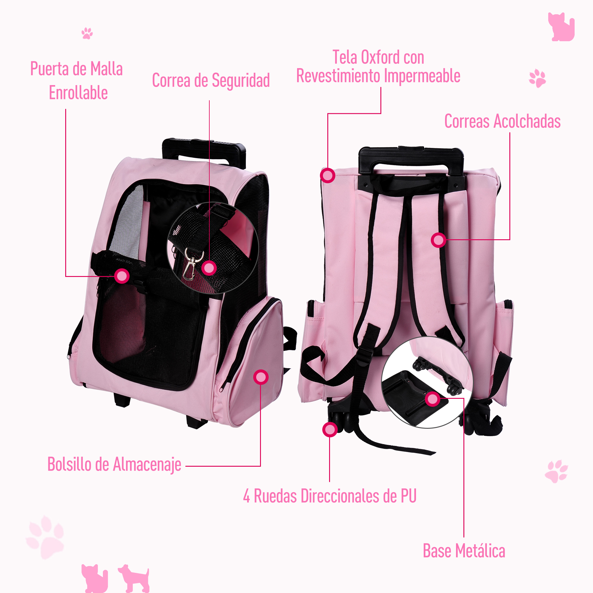 Mochila transportadora rosa para mascotas con múltiples características: puerta de malla, correa de seguridad, bolsillo y ruedas.