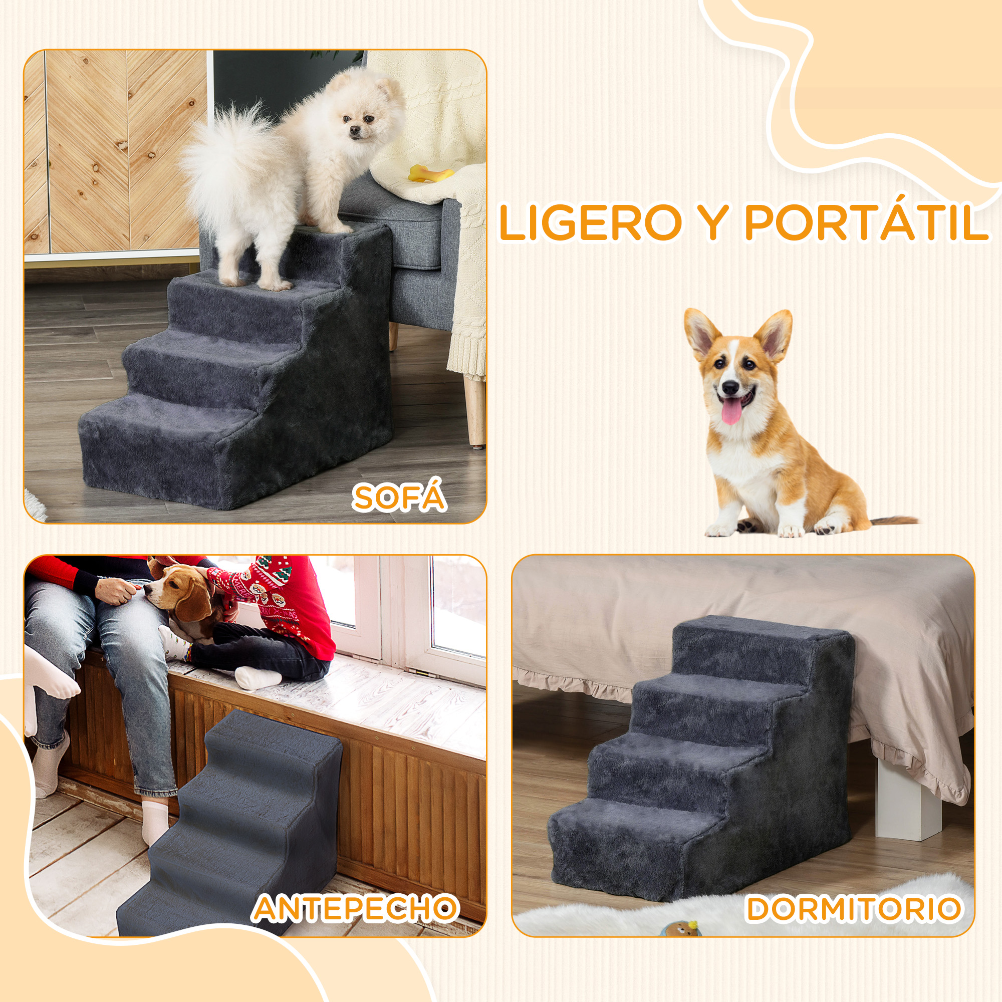 Perros usando escaleras para mascotas; uno en el sofá, uno de pie, uno en un dormitorio y otro junto a una ventana.