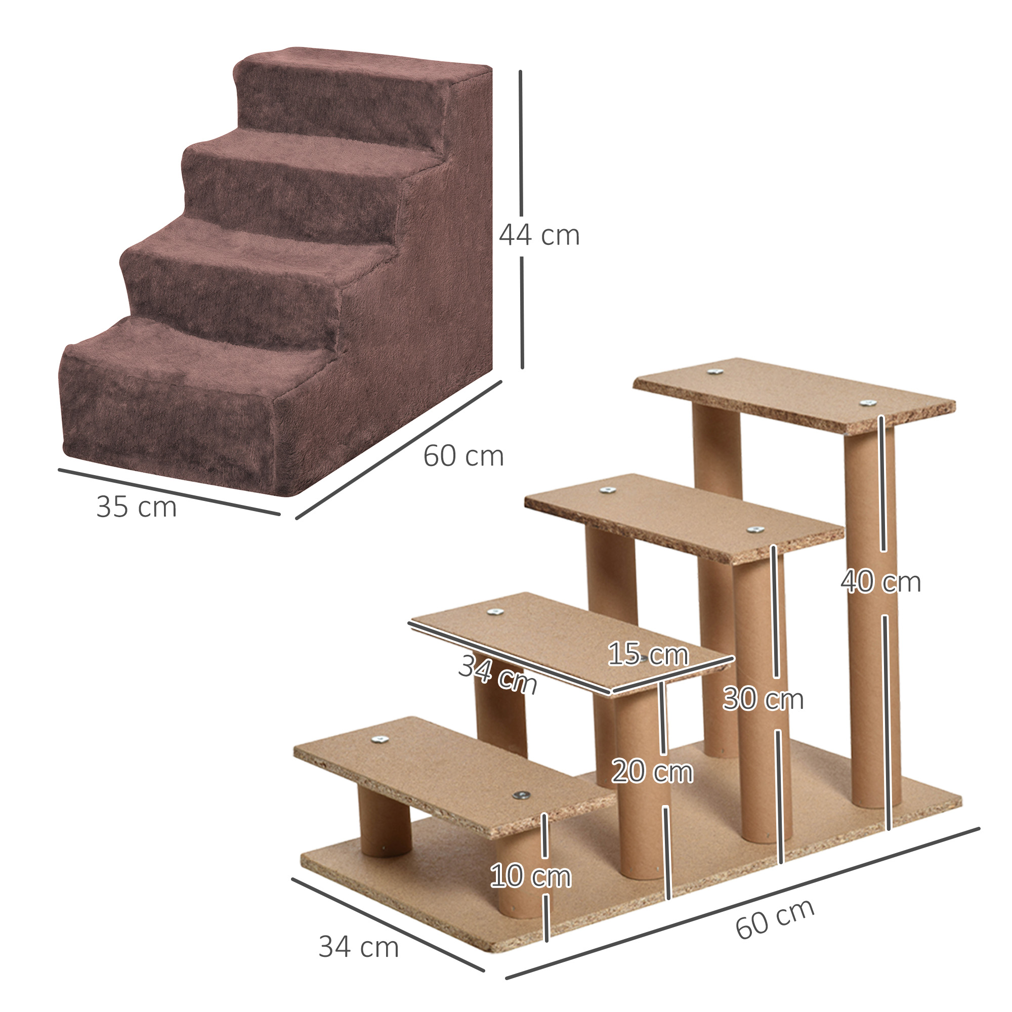 Escaleras para mascotas en dos variaciones, una con superficie de felpa marrón y otra de madera.