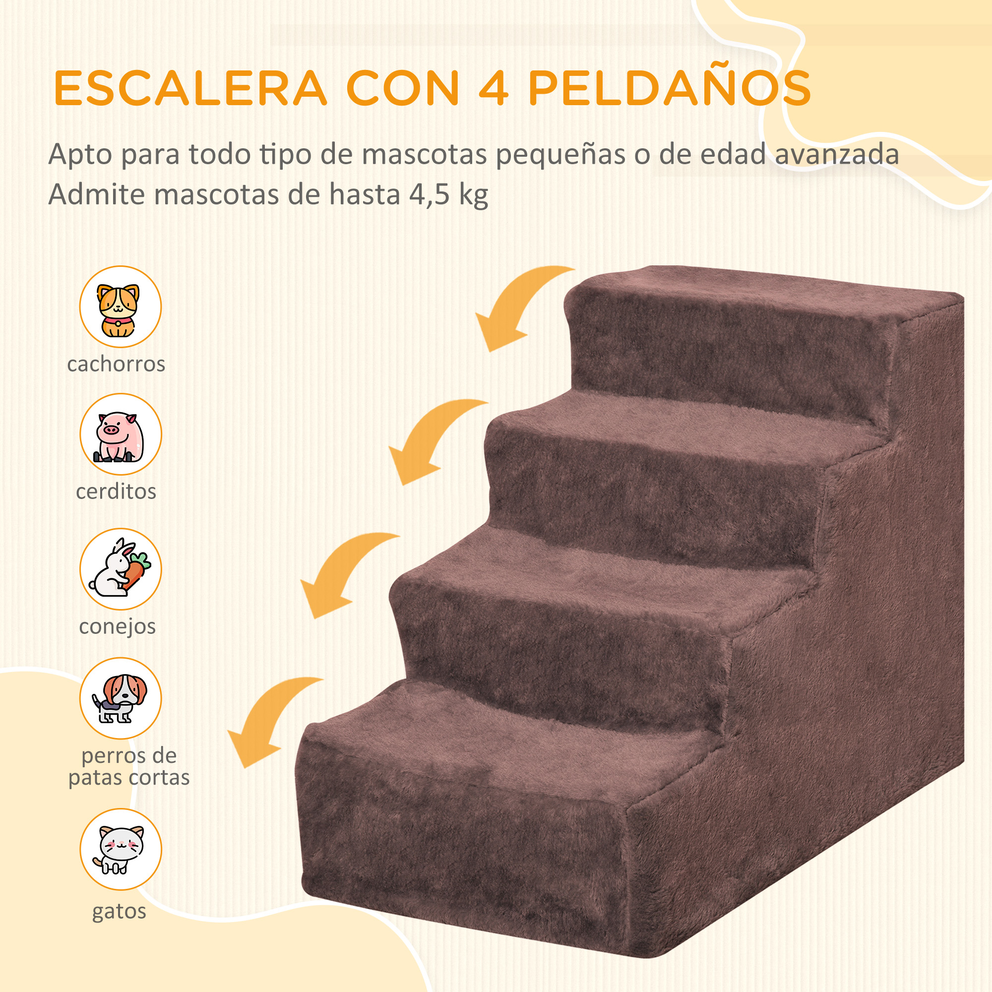 Escaleras marrones para mascotas con cuatro escalones. Iconos que indican mascotas como cachorros, conejos y gatos.