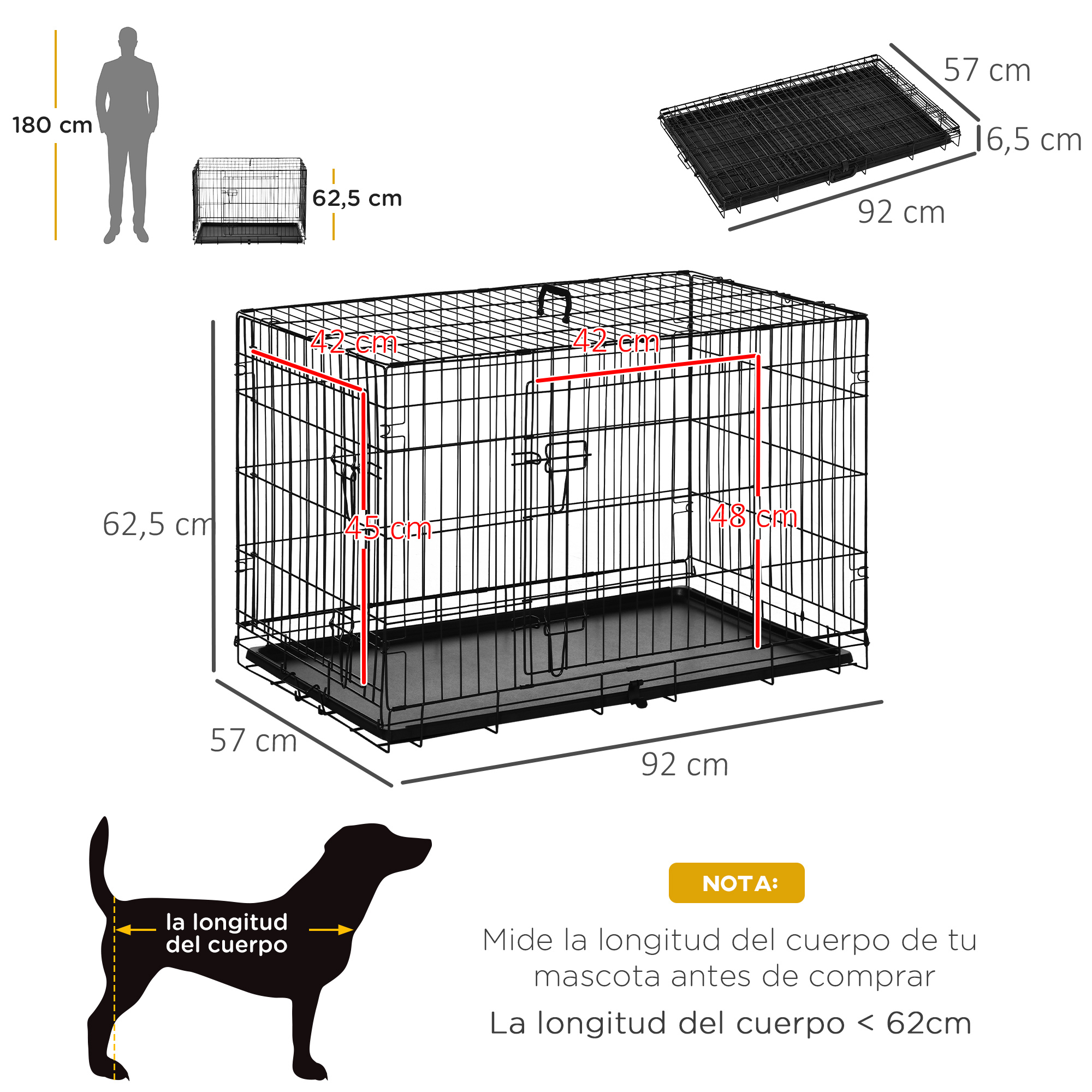 Jaula para perros de alambre negro con dimensiones y un diagrama que muestra la longitud del cuerpo del perro.