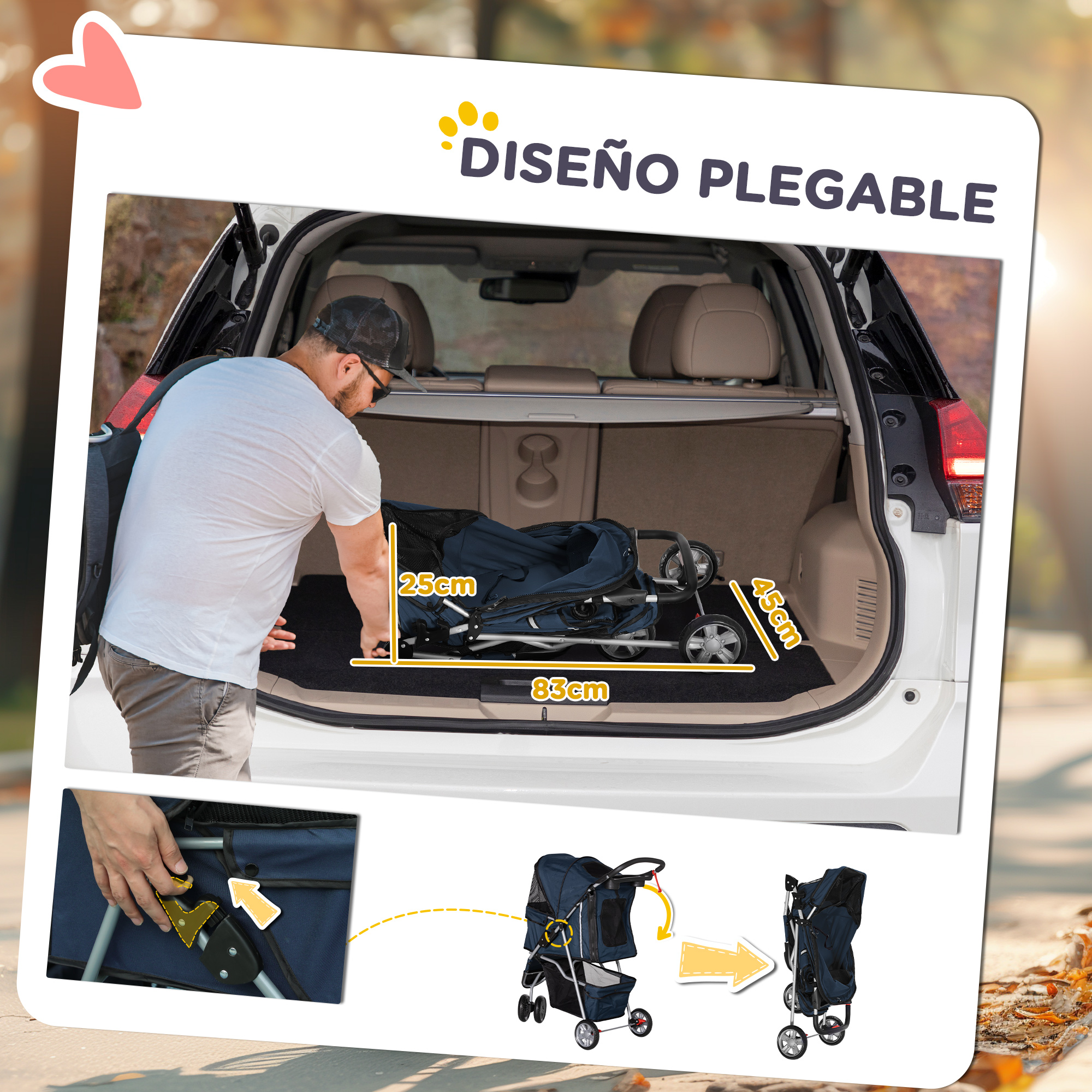 Un hombre carga un cochecito plegable para mascotas en el maletero de un coche, con dimensiones visibles.