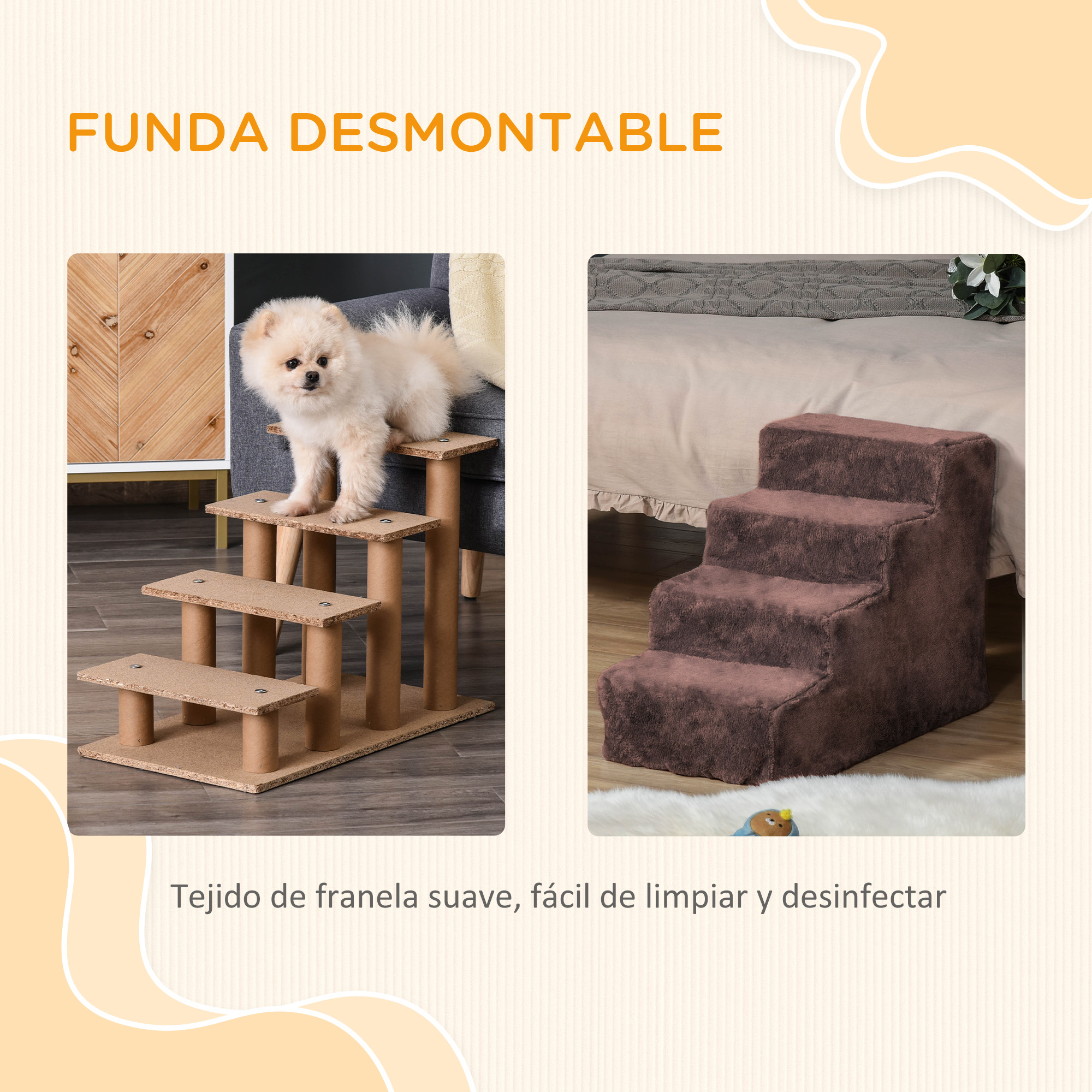 Dos imágenes: un perro en escaleras y un perro en un escalón de madera. El texto dice: tela de franela suave.