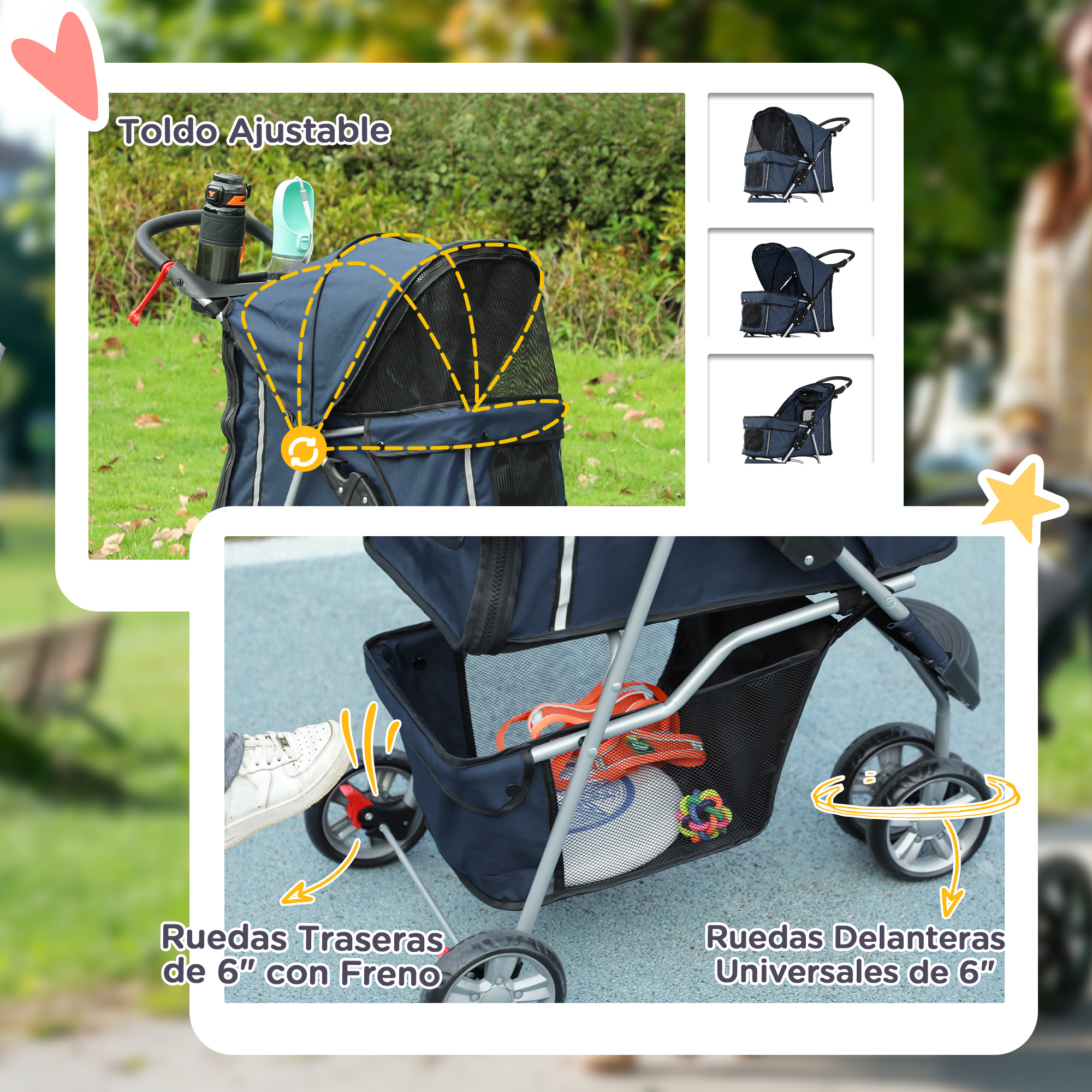 Cochecito azul para mascotas con capota ajustable, detalles de ruedas y etiquetas de texto sobre hierba.