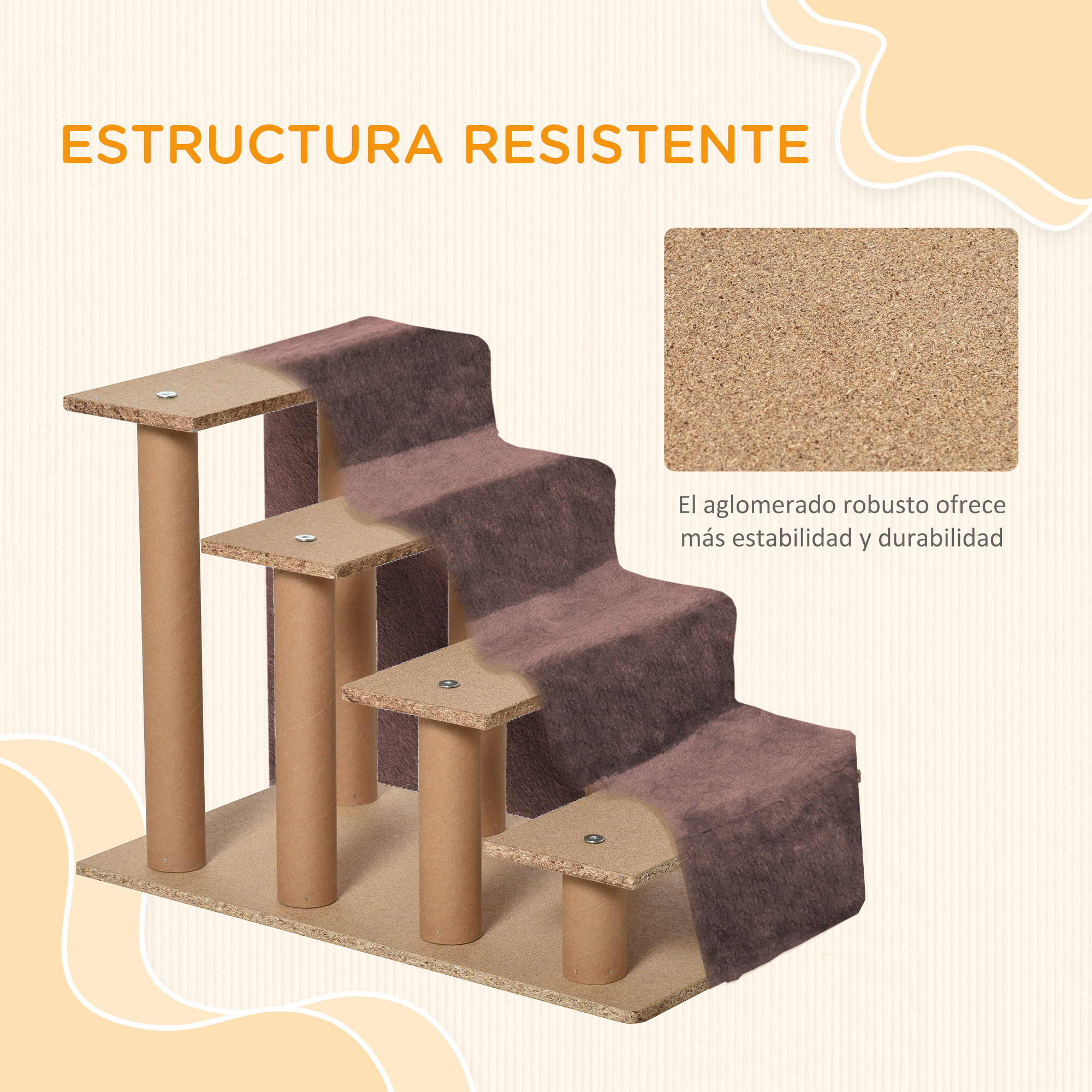 Un rascador para gatos con escalones. Los escalones son marrones y el fondo beige.