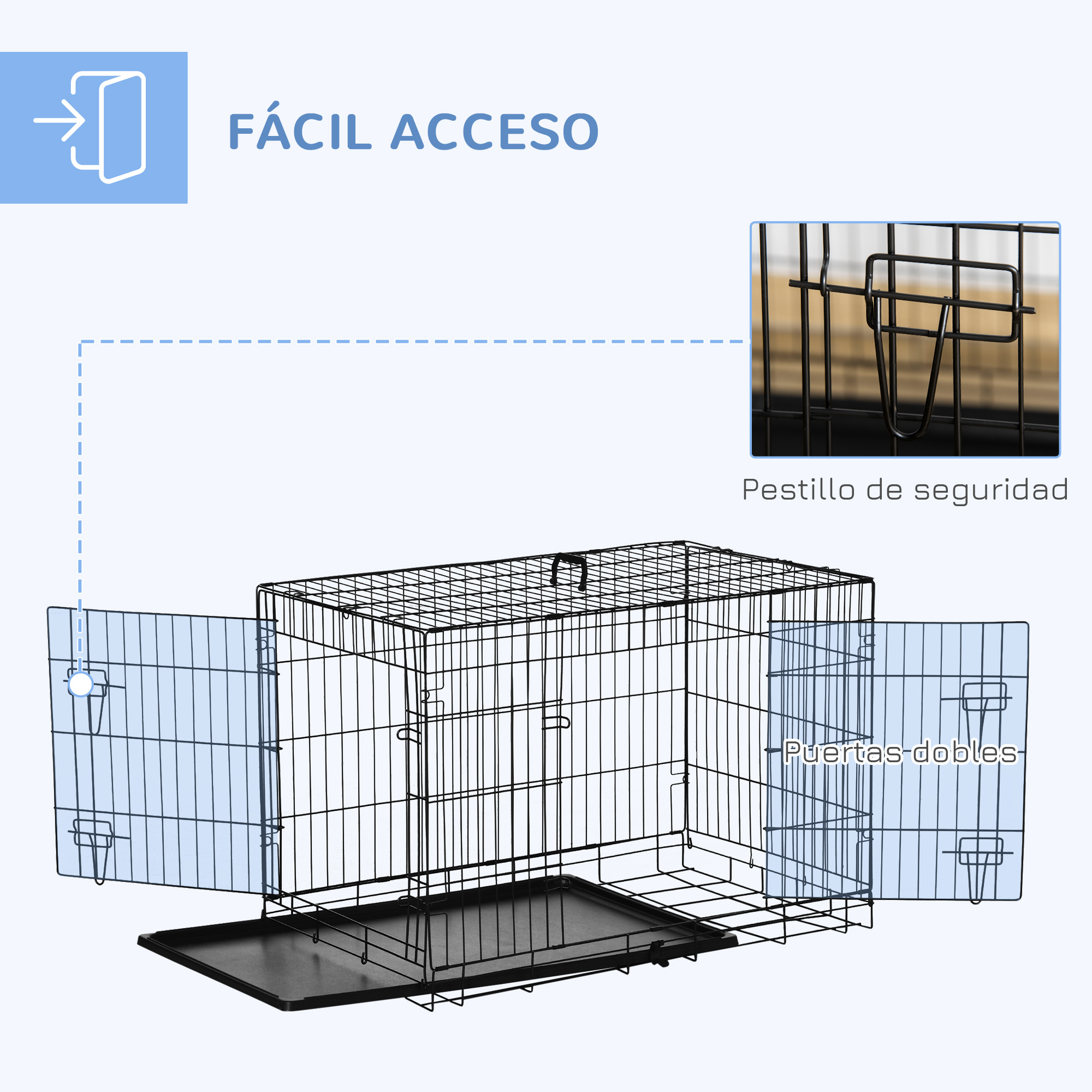 Un transportín negro para mascotas con puertas dobles y una bandeja negra, etiqueta de fácil acceso.